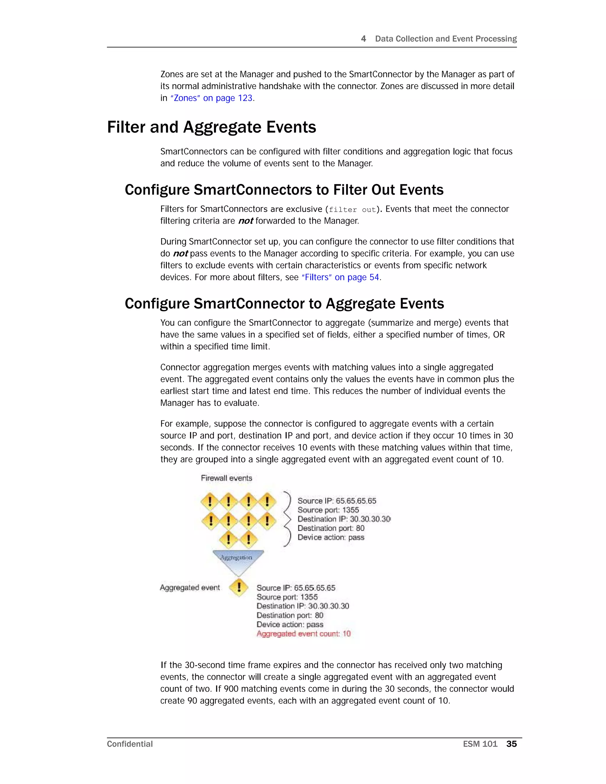 4 Data Collection and Event Processing
Confidential ESM 101 35
Zones are set at the Manager and pushed to the SmartConnector by the Manager as part of
its normal administrative handshake with the connector. Zones are discussed in more detail
in “Zones” on page 123.
Filter and Aggregate Events
SmartConnectors can be configured with filter conditions and aggregation logic that focus
and reduce the volume of events sent to the Manager.
Configure SmartConnectors to Filter Out Events
Filters for SmartConnectors are exclusive (filter out). Events that meet the connector
filtering criteria are not forwarded to the Manager.
During SmartConnector set up, you can configure the connector to use filter conditions that
do not pass events to the Manager according to specific criteria. For example, you can use
filters to exclude events with certain characteristics or events from specific network
devices. For more about filters, see “Filters” on page 54.
Configure SmartConnector to Aggregate Events
You can configure the SmartConnector to aggregate (summarize and merge) events that
have the same values in a specified set of fields, either a specified number of times, OR
within a specified time limit.
Connector aggregation merges events with matching values into a single aggregated
event. The aggregated event contains only the values the events have in common plus the
earliest start time and latest end time. This reduces the number of individual events the
Manager has to evaluate.
For example, suppose the connector is configured to aggregate events with a certain
source IP and port, destination IP and port, and device action if they occur 10 times in 30
seconds. If the connector receives 10 events with these matching values within that time,
they are grouped into a single aggregated event with an aggregated event count of 10.
If the 30-second time frame expires and the connector has received only two matching
events, the connector will create a single aggregated event with an aggregated event
count of two. If 900 matching events come in during the 30 seconds, the connector would
create 90 aggregated events, each with an aggregated event count of 10.
 