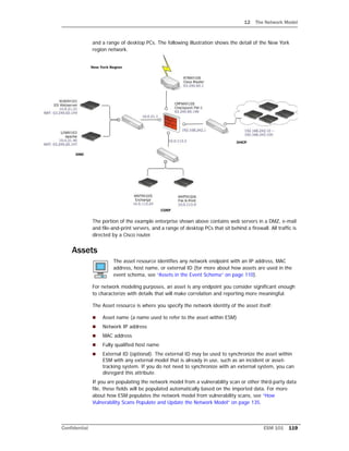 12 The Network Model
Confidential ESM 101 119
and a range of desktop PCs. The following illustration shows the detail of the New York
region network.
The portion of the example enterprise shown above contains web servers in a DMZ, e-mail
and file-and-print servers, and a range of desktop PCs that sit behind a firewall. All traffic is
directed by a Cisco router.
Assets
The asset resource identifies any network endpoint with an IP address, MAC
address, host name, or external ID (for more about how assets are used in the
event schema, see “Assets in the Event Schema” on page 110).
For network modeling purposes, an asset is any endpoint you consider significant enough
to characterize with details that will make correlation and reporting more meaningful.
The Asset resource is where you specify the network identity of the asset itself:
 Asset name (a name used to refer to the asset within ESM)
 Network IP address
 MAC address
 Fully qualified host name
 External ID (optional). The external ID may be used to synchronize the asset within
ESM with any external model that is already in use, such as an incident or asset-
tracking system. If you do not need to synchronize with an external system, you can
disregard this attribute.
If you are populating the network model from a vulnerability scan or other third-party data
file, these fields will be populated automatically based on the imported data. For more
about how ESM populates the network model from vulnerability scans, see “How
Vulnerability Scans Populate and Update the Network Model” on page 135.
 
