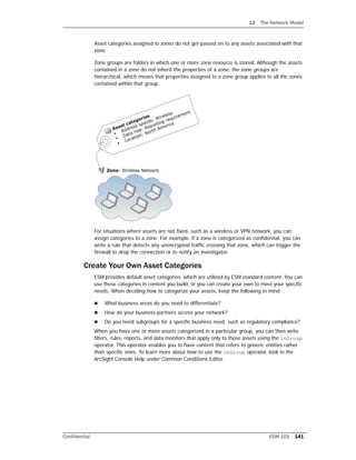 12 The Network Model
Confidential ESM 101 141
Asset categories assigned to zones do not get passed on to any assets associated with that
zone.
Zone groups are folders in which one or more zone resource is stored. Although the assets
contained in a zone do not inherit the properties of a zone, the zone groups are
hierarchical, which means that properties assigned to a zone group applies to all the zones
contained within that group.
For situations where assets are not fixed, such as a wireless or VPN network, you can
assign categories to a zone. For example, if a zone is categorized as confidential, you can
write a rule that detects any unencrypted traffic crossing that zone, which can trigger the
firewall to drop the connection or to notify an investigator.
Create Your Own Asset Categories
ESM provides default asset categories, which are utilized by ESM standard content. You can
use these categories in content you build, or you can create your own to meet your specific
needs. When deciding how to categorize your assets, keep the following in mind:
 What business areas do you need to differentiate?
 How do your business partners access your network?
 Do you need subgroups for a specific business need, such as regulatory compliance?
When you have one or more assets categorized in a particular group, you can then write
filters, rules, reports, and data monitors that apply only to those assets using the inGroup
operator. This operator enables you to have content that refers to generic entities rather
than specific ones. To learn more about how to use the inGroup operator, look in the
ArcSight Console Help under Common Conditions Editor.
 