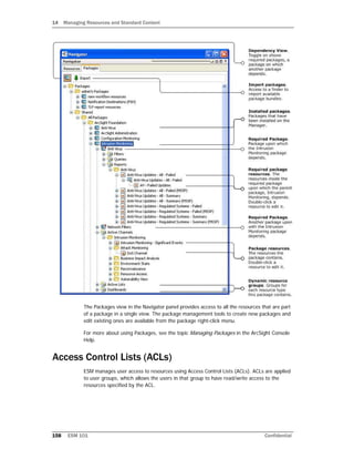 14 Managing Resources and Standard Content
158 ESM 101 Confidential
The Packages view in the Navigator panel provides access to all the resources that are part
of a package in a single view. The package management tools to create new packages and
edit existing ones are available from the package right-click menu.
For more about using Packages, see the topic Managing Packages in the ArcSight Console
Help.
Access Control Lists (ACLs)
ESM manages user access to resources using Access Control Lists (ACLs). ACLs are applied
to user groups, which allows the users in that group to have read/write access to the
resources specified by the ACL.
 
