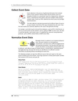 4 Data Collection and Event Processing
30 ESM 101 Confidential
Collect Event Data
Event collection is the process of gathering information from network
nodes on your network. Network nodes may be primary (such as a
firewall or an IDS) or a concentrator (such as a syslog service, Symantec
SESA, or SiteProtector) that gathers data from multiple similar primary
network nodes. Events are then collected from these sources by ArcSight
SmartConnectors.
The data collected is log data generated by the different types of sources
on your network. Each item of the log is translated into one event. How
the data reaches the connector depends on the source that generates the logs.
For example, event data may be retrieved from databases, such as EPO or SiteProtector, or
sent as an event stream via the network, such as syslog or SNMP. In some cases, the data
is read from log files, and in other cases, it is pulled by the connector using proprietary
protocols, such as OPSEC (Check Point) or RDEP (Cisco IDS).
Normalize Event Data
Normalize means to conform to an accepted standard or
norm. Because networks are heterogeneous
environments, each device has a different logging format
and reporting mechanism. You may also have logs from
remote sites where security policies and procedures may
be different, with different types of network devices, security devices, operating systems
and application logs. Because the formats are all different, it is difficult to extract
information for querying without normalizing the events first.
The following examples are logs from different sources that each report on the same
packet traveling across the network. These logs represent a remote printer buffer overflow
that connects to IIS servers over port 80.
Check Point:
"14" "21Nov2013" "12:10:29" "eth-s1p4c0" "ip.of.firewall" "log"
"accept" "www-http" "65.65.65.65" "10.10.10.10" "tcp" "4" "1355" ""
"" "" "" "" "" "" "" "" "firewall" "len 68"
Cisco Router:
Nov 21 13:10:27: %SEC-6-IPACCESSLOGP: list 102 permitted tcp
65.65.65.65(1355) -> 10.10.10.10(80), 1 packet Cisco PIX: Nov 21
2005 12:10:28: %PIX-6-302001: Built inbound TCP connection 125891
for faddr 65.65.65.65/1355 gaddr 10.10.10.10/80 laddr
10.0.111.22/80
Snort:
[**] [1:971:1] WEB-IIS ISAPI .printer access [**] [Classification:
Attempted Information Leak] [Priority: 3] 11/21-12:10:29.100000
65.65.65.65:1355 -> 10.10.10.10:80 TCP TTL:63 TOS:0x0 ID:5752
IpLen:20 DgmLen:1234 DF ***AP*** Seq: 0xB13810DC Ack: 0xC5D2E066
Win: 0x7D78 TcpLen: 32 TCP Options (3) => NOP NOP TS: 493412860 0
[Xref => http://cve.mitre.org/cgi-bin/cvename.cgi?name=CAN-2001-
0241] [Xref => http://www.whitehats.com/info/IDS533]
 