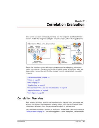Confidential ESM 101 53
Chapter 7
Correlation Evaluation
Once events have been normalized, prioritized, and their endpoints identified within the
network model, they are processed by the correlation engine, where the magic happens.
Events that have been tagged with event categories, priority evaluations, and network
model information are then processed by the correlation engine, where filters, rules, and
data monitors connect the dots, find the events of interest, and can initiate immediate
response.
Correlation Overview
Most activities of interest are often represented by more than one event. Correlation is a
process that discovers the relationships between events, infers the significance of those
relationships, prioritizes them, then provides a framework for taking actions.
The context for correlation is provided by the network model, which is discussed in detail in
“Network Model” on page 117. The discovery phase is carried out by rules, correlation data
“Correlation Overview” on page 53
“Filters” on page 54
“Rules” on page 56
“Data Monitors” on page 65
“How Correlation Uses Local and Global Variables” on page 68
“Velocity Templates” on page 69
“Event Types” on page 71
 