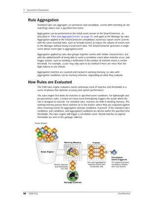 7 Correlation Evaluation
58 ESM 101 Confidential
Rule Aggregation
Standard rules can aggregate, or summarize and consolidate, events with matching (or not
matching) values over a specified time frame.
Aggregation can be performed on the initial event stream at the SmartConnector, as
described in “Filter and Aggregate Events” on page 35, and again at the Manager by rules.
Aggregation applied at the SmartConnector consolidates numerous repeat events (events
with the same essential data, such as firewall events) to reduce the volume of events sent
to the Manager without losing crucial event data. The SmartConnector generates a single
event whose event type is aggregated event.
Aggregation applied by rules also groups together events with similar characteristics, but
with the added benefit of being able to send a correlation event when matches occur, and
trigger actions, such as sending a notification if the number of matches meets a certain
threshold. For example, a user may only want to be notified if there are more than five
login failures in one minute.
Aggregation matches are counted and tracked in working memory, so rules with
aggregation conditions can be memory-intensive, depending on what they evaluate.
How Rules are Evaluated
The ESM rules engine evaluates events and keeps track of matches and thresholds in a
series of phases that optimize accuracy and system performance.
The rules engine first looks for matches to specified event conditions. For lightweight and
pre-persistence rules, a match on every event immediately triggers the action which the
rule is designed to execute. For standard rules, matches are held in working memory. The
working memory passes these matches on to the tracker, where they are evaluated against
other incoming events for aggregation and join conditions, if present. If the standard rule’s
conditions, join conditions, and aggregation conditions are all met within the specified time
thresholds, the rules engine will trigger a correlation event. Partial matches in expired
thresholds are sent to the garbage collector.
 
