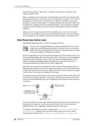 7 Correlation Evaluation
60 ESM 101 Confidential
Correlation data monitors, discussed in “Correlation Data Monitors” on page 66, also
trigger correlation events.
When a correlation event is generated, it goes through the event life cycle starting at the
Manager (summarized in “Life Cycle of an Event Through ESM” on page 27), as if it were a
normalized event received from a SmartConnector. When the correlation event passes
through the correlation engine again, it is evaluated by other rules and data monitors that
are looking for correlation events with matching attributes. This multi-layered correlation
enables you to track complex and varied scenarios, and facilitates accurate and detailed
reporting.
When a series of events occur that match the conditions set in a rule, the events that
contribute to the conditions being met are called correlated events. A series of correlated
events contribute to rule conditions being met, then the rule triggers a correlation event.
How Rules Use Active Lists
Standard and lightweight rules can create and update active lists.
Active lists are configurable tables that collect specified fields of event data to
enable cross-referencing during correlation. Active lists serve as a community
bulletin board for tracking specific event data over long periods (days or weeks)
so it can be available on demand for correlation.
Active lists populated by rules retain specific information from events so they can be cross-
referenced dynamically by other rules and data monitors. Active lists can also be populated
manually with static field data, such as a list of user names and badge numbers, or IP
addresses and physical building locations (the field data can also be in the form of a
comma-separated value list exported from another application).
Active lists are a key action tool that rules can write to and read from. Because they can
efficiently collect focused event data over longer time periods, such as more than five log-
in failures per day from the same source, active lists are much more economical on system
resources than a rule trying to accomplish the same goal.
The illustration below shows how one rule can find an asset that shows hostile activity and
write that asset's address and zone to an active list. Another rule can then read from the
active list and take additional action, such as aggregate further activity from that asset over
10 minutes.
One rule can find an asset that shows hostile activity and write that asset's ID and activity
information to an active list. Another rule can then read from the active list and take
additional action, such as aggregate additional activity from that asset.
For example, the standard rule Hostile - Attempt (Rules: /ArcSight System/Threat
Tracking/Hostile) places assets that show hostile activity on one of the Threat
Tracking active list (Active Lists: /ArcSight System/Attackers, Targets, or
 