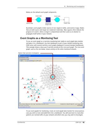 8 Monitoring and Investigation
Confidential ESM 101 81
Below are the default event graph components.
By default, event graphs render sources in red, targets in white, and events in aqua. Nodes
that are both source and target are rendered in dark blue. Blue squares often indicate the
progress of a worm, where a target is compromised and then used as an attacker to
propagate itself further in your network.
Event Graphs as a Monitoring Tool
To use an event graph as a real-time monitoring tool, build an event graph data monitor
and place it in a dashboard. Use that dashboard as part of your default monitoring view.
ESM comes with several real-time event graphs displayed in several standard dashboards.
This example shows a close-up of real-time activity on the Live event graph. The Live event
graph, such as the one below, shows activity on the entire monitored network.
To use event graphs for monitoring, create an event graph data monitor for every business
case you wish to track and build them into a dashboard. You will soon learn to read what
patterns are normal traffic on your network and which ones you may wish to investigate.
 