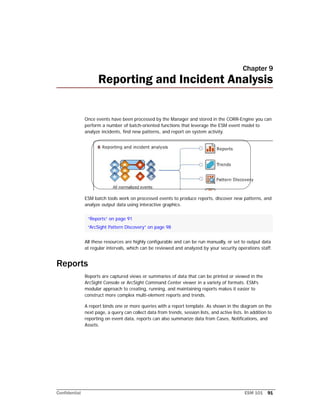 Confidential ESM 101 91
Chapter 9
Reporting and Incident Analysis
Once events have been processed by the Manager and stored in the CORR-Engine you can
perform a number of batch-oriented functions that leverage the ESM event model to
analyze incidents, find new patterns, and report on system activity.
ESM batch tools work on processed events to produce reports, discover new patterns, and
analyze output data using interactive graphics.
All these resources are highly configurable and can be run manually, or set to output data
at regular intervals, which can be reviewed and analyzed by your security operations staff.
Reports
Reports are captured views or summaries of data that can be printed or viewed in the
ArcSight Console or ArcSight Command Center viewer in a variety of formats. ESM’s
modular approach to creating, running, and maintaining reports makes it easier to
construct more complex multi-element reports and trends.
A report binds one or more queries with a report template. As shown in the diagram on the
next page, a query can collect data from trends, session lists, and active lists. In addition to
reporting on event data, reports can also summarize data from Cases, Notifications, and
Assets.
“Reports” on page 91
“ArcSight Pattern Discovery” on page 98
 
