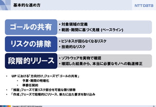 10Copyright © 2016 NTT DATA CCS Corporation
基本的な進め方
• UP における「方向付け」フェーズで「ゴールの共有」
• 予算・期間の明確化
• 準委任契約
• 「推敲」フェーズで高リスク部分を可能な限り排除
• 「作成」フェーズで段階的にリリース、新たに出た要求を取り込み
• 対象領域の定義
• 範囲・期間に基づく見積 (ベースライン)ゴールの共有
• ビジネスが回らなくなるリスク
• 技術的なリスクリスクの排除
• ソフトウェアを実物で確認
• 確認した結果から、本当に必要なモノへの軌道修正段階的リリース
 