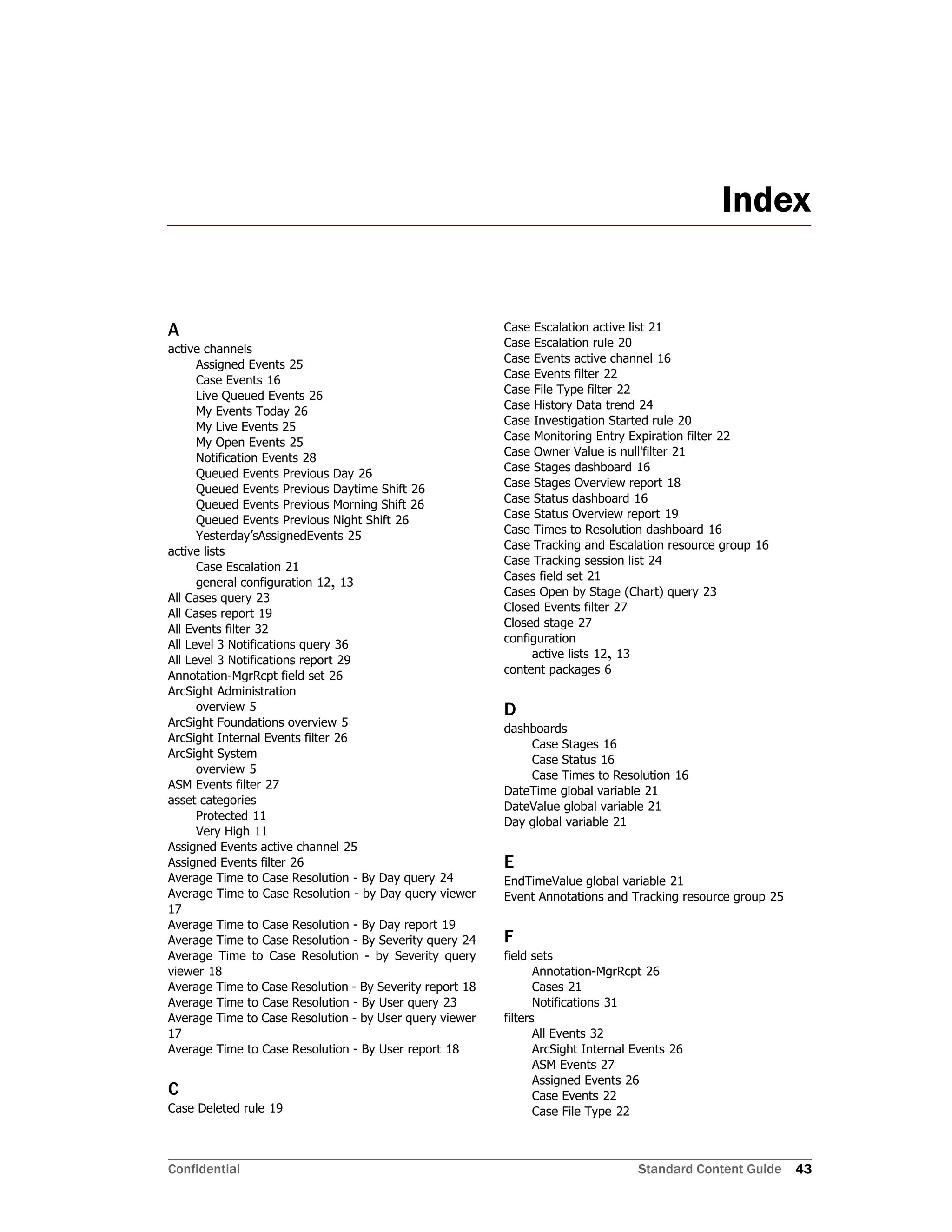 Confidential Standard Content Guide 43
Index
A
active channels
Assigned Events 25
Case Events 16
Live Queued Events 26
My Events Today 26
My Live Events 25
My Open Events 25
Notification Events 28
Queued Events Previous Day 26
Queued Events Previous Daytime Shift 26
Queued Events Previous Morning Shift 26
Queued Events Previous Night Shift 26
Yesterday’sAssignedEvents 25
active lists
Case Escalation 21
general configuration 12, 13
All Cases query 23
All Cases report 19
All Events filter 32
All Level 3 Notifications query 36
All Level 3 Notifications report 29
Annotation-MgrRcpt field set 26
ArcSight Administration
overview 5
ArcSight Foundations overview 5
ArcSight Internal Events filter 26
ArcSight System
overview 5
ASM Events filter 27
asset categories
Protected 11
Very High 11
Assigned Events active channel 25
Assigned Events filter 26
Average Time to Case Resolution - By Day query 24
Average Time to Case Resolution - by Day query viewer
17
Average Time to Case Resolution - By Day report 19
Average Time to Case Resolution - By Severity query 24
Average Time to Case Resolution - by Severity query
viewer 18
Average Time to Case Resolution - By Severity report 18
Average Time to Case Resolution - By User query 23
Average Time to Case Resolution - by User query viewer
17
Average Time to Case Resolution - By User report 18
C
Case Deleted rule 19
Case Escalation active list 21
Case Escalation rule 20
Case Events active channel 16
Case Events filter 22
Case File Type filter 22
Case History Data trend 24
Case Investigation Started rule 20
Case Monitoring Entry Expiration filter 22
Case Owner Value is null'filter 21
Case Stages dashboard 16
Case Stages Overview report 18
Case Status dashboard 16
Case Status Overview report 19
Case Times to Resolution dashboard 16
Case Tracking and Escalation resource group 16
Case Tracking session list 24
Cases field set 21
Cases Open by Stage (Chart) query 23
Closed Events filter 27
Closed stage 27
configuration
active lists 12, 13
content packages 6
D
dashboards
Case Stages 16
Case Status 16
Case Times to Resolution 16
DateTime global variable 21
DateValue global variable 21
Day global variable 21
E
EndTimeValue global variable 21
Event Annotations and Tracking resource group 25
F
field sets
Annotation-MgrRcpt 26
Cases 21
Notifications 31
filters
All Events 32
ArcSight Internal Events 26
ASM Events 27
Assigned Events 26
Case Events 22
Case File Type 22
 