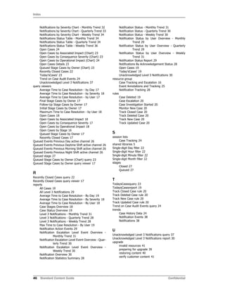 Index
46 Standard Content Guide Confidential
Notifications by Severity Chart - Monthly Trend 32
Notifications by Severity Chart - Quarterly Trend 33
Notifications by Severity Chart - Weekly Trend 34
Notifications Status Table - Monthly Trend 34
Notifications Status Table - Quarterly Trend 34
Notifications Status Table - Weekly Trend 36
Open Cases 24
Open Cases by Associated Impact (Chart) 23
Open Cases by Consequence Severity (Chart) 23
Open Cases by Operational Impact (Chart) 24
Open Cases Details 23
Queued Stage Cases by Owner (Chart) 23
Recently Closed Cases 22
Today'sCases' 23
Trend on Case Audit Events 24
Unacknowledged Level 3 Notifications 37
query viewers
Average Time to Case Resolution - by Day 17
Average Time to Case Resolution - by Severity 18
Average Time to Case Resolution - by User 17
Final Stage Cases by Owner 17
Follow-Up Stage Cases by Owner 17
Initial Stage Cases by Owner 17
Maximum Time to Case Resolution - by User 18
Open Cases 18
Open Cases by Associated Impact 18
Open Cases by Consequence Severity 17
Open Cases by Operational Impact 18
Open Cases by Stage 16
Queued Stage Cases by Owner 17
Recently Closed Cases 17
Queued Events Previous Day active channel 26
Queued Events Previous Daytime Shift active channel 26
Queued Events Previous Morning Shift active channel 26
Queued Events Previous Night Shift active channel 26
Queued stage 27
Queued Stage Cases by Owner (Chart) query 23
Queued Stage Cases by Owner query viewer 17
R
Recently Closed Cases query 22
Recently Closed Cases query viewer 17
reports
All Cases 19
All Level 3 Notifications 29
Average Time to Case Resolution - By Day 19
Average Time to Case Resolution - By Severity 18
Average Time to Case Resolution - By User 18
Case Stages Overview 18
Case Status Overview 19
Level 3 Notifications - Monthly Trend 31
Level 3 Notifications - Quarterly Trend 28
Level 3 Notifications - Weekly Trend 28
Max Time to Case Resolution - By User 19
Notification Action Events 29
Notification Escalation Level Event Overview -
Monthly Trend 31
Notification Escalation Level Event Overview - Quar-
terly Trend 30
Notification Escalation Level Event Overview -
Weekly Trend 30
Notification Overview 30
Notification Statistics Summary 28
Notification Status - Monthly Trend 31
Notification Status - Quarterly Trend 30
Notification Status - Weekly Trend 30
Notification Status by User Overview - Monthly
Trend 29
Notification Status by User Overview - Quarterly
Trend 29
Notification Status by User Overview - Weekly
Trend 31
Notification Status Report 29
Notifications By Acknowledgement Status 28
Open Cases 19
Today'sCases' 19
Unacknowledged Level 3 Notifications 30
resource group
Case Tracking and Escalation 16
Event Annotations and Tracking 25
Notification Tracking 28
rules
Case Deleted 19
Case Escalation 20
Case Investigation Started 20
Monitor New Case 20
Track Closed Case 20
Track Deleted Case 20
Track New Case 20
Track Updated Case 20
S
session lists
Case Tracking 24
shared libraries 5
Single-digit Day filter 22
Single-digit Hour filter 22
Single-digit Minute filter 22
Single-digit Month filter 22
stages
Closed 27
Queued 27
T
TodaysCasesquery 23
TodaysCasesreport 19
Track Closed Case rule 20
Track Deleted Case rule 20
Track New Case rule 20
Track Updated Case rule 20
Trend on Case Audit Events query 24
trends
Case History Data 24
Notification Events 38
Notifications 38
U
Unacknowledged Level 3 Notifications query 37
Unacknowledged Level 3 Notifications report 30
upgrade
invalid resources 41
preparing for upgrade 39
restoring content 40
verify customer content 41
 
