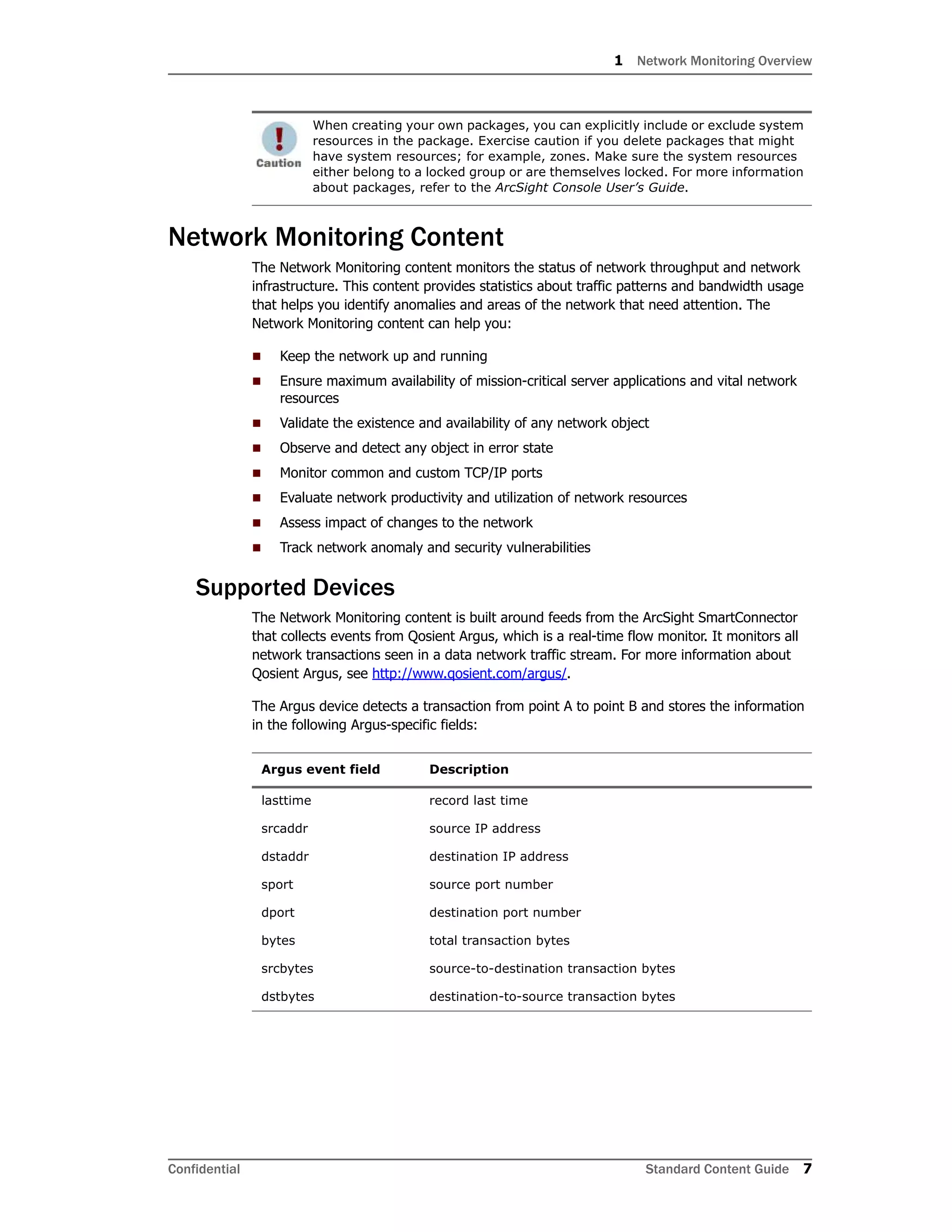 1 Network Monitoring Overview
Confidential Standard Content Guide 7
Network Monitoring Content
The Network Monitoring content monitors the status of network throughput and network
infrastructure. This content provides statistics about traffic patterns and bandwidth usage
that helps you identify anomalies and areas of the network that need attention. The
Network Monitoring content can help you:
 Keep the network up and running
 Ensure maximum availability of mission-critical server applications and vital network
resources
 Validate the existence and availability of any network object
 Observe and detect any object in error state
 Monitor common and custom TCP/IP ports
 Evaluate network productivity and utilization of network resources
 Assess impact of changes to the network
 Track network anomaly and security vulnerabilities
Supported Devices
The Network Monitoring content is built around feeds from the ArcSight SmartConnector
that collects events from Qosient Argus, which is a real-time flow monitor. It monitors all
network transactions seen in a data network traffic stream. For more information about
Qosient Argus, see http://www.qosient.com/argus/.
The Argus device detects a transaction from point A to point B and stores the information
in the following Argus-specific fields:
When creating your own packages, you can explicitly include or exclude system
resources in the package. Exercise caution if you delete packages that might
have system resources; for example, zones. Make sure the system resources
either belong to a locked group or are themselves locked. For more information
about packages, refer to the ArcSight Console User’s Guide.
Argus event field Description
lasttime record last time
srcaddr source IP address
dstaddr destination IP address
sport source port number
dport destination port number
bytes total transaction bytes
srcbytes source-to-destination transaction bytes
dstbytes destination-to-source transaction bytes
 