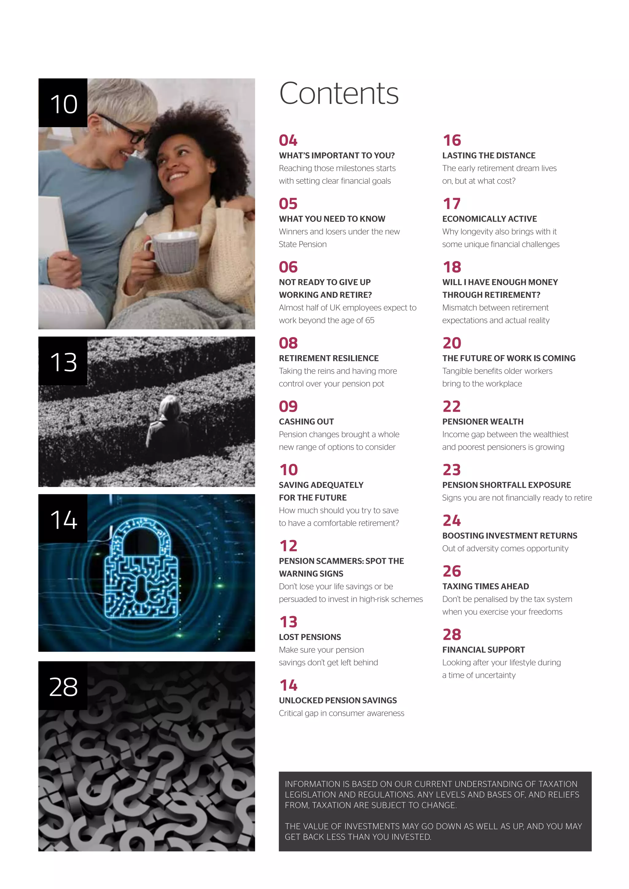 INFORMATION IS BASED ON OUR CURRENT UNDERSTANDING OF TAXATION
LEGISLATION AND REGULATIONS. ANY LEVELS AND BASES OF, AND RELIEFS
FROM, TAXATION ARE SUBJECT TO CHANGE.
THE VALUE OF INVESTMENTS MAY GO DOWN AS WELL AS UP, AND YOU MAY
GET BACK LESS THAN YOU INVESTED.
Contents
04
WHAT’S IMPORTANT TO YOU?
Reaching those milestones starts
with setting clear financial goals
05
WHAT YOU NEED TO KNOW
Winners and losers under the new
State Pension
06
NOT READY TO GIVE UP
WORKING AND RETIRE?
Almost half of UK employees expect to
work beyond the age of 65
08
RETIREMENT RESILIENCE
Taking the reins and having more
control over your pension pot
09
CASHING OUT
Pension changes brought a whole
new range of options to consider
10
SAVING ADEQUATELY
FOR THE FUTURE
How much should you try to save
to have a comfortable retirement?
12
PENSION SCAMMERS: SPOT THE
WARNING SIGNS
Don’t lose your life savings or be
persuaded to invest in high-risk schemes
13
LOST PENSIONS
Make sure your pension
savings don’t get left behind
14
UNLOCKED PENSION SAVINGS
Critical gap in consumer awareness
16
LASTING THE DISTANCE
The early retirement dream lives
on, but at what cost?
17
ECONOMICALLY ACTIVE
Why longevity also brings with it
some unique financial challenges
18
WILL I HAVE ENOUGH MONEY
THROUGH RETIREMENT?
Mismatch between retirement
expectations and actual reality
20
THE FUTURE OF WORK IS COMING
Tangible benefits older workers
bring to the workplace
22
PENSIONER WEALTH
Income gap between the wealthiest
and poorest pensioners is growing
23
PENSION SHORTFALL EXPOSURE
Signs you are not financially ready to retire
24
BOOSTING INVESTMENT RETURNS
Out of adversity comes opportunity
26
TAXING TIMES AHEAD
Don’t be penalised by the tax system
when you exercise your freedoms
28
FINANCIAL SUPPORT
Looking after your lifestyle during
a time of uncertainty
10
28
13
14
 