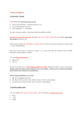3. KUR’ANİ ÇERÇEVE
3.1. Kur’an’da ‘Alî ismi
‘A-l-y maddesinden Kur’an’da üç isim yer alır:
 Esma-i hüsna listemizin 9. sırasında bulunan el-A’lâ,
 49. sırasında bulunan el-Mute’âl
 Şimdi işlediğimiz el-‘Alî isimleridir.
Bu sıralar, adı geçen isimlerin vahyin nüzul sürecinde geldiği ilk yerlerdir.
Kur’an’da ‘alî ismi on bir yerde gelir. Bunlardan sekiz tanesi Allah’a isnatla gelir. Bu sekizden altısı Mekki,
ikisi Medeni surelerde yer alır.
Vahyin nüzul sürecinde ilk kullanıldığı yer, Lokman 30’dur. Lokman suresi, nüzul tertibimizde vahyin inişinin
11. yılına tarihlendirilmiştir.
Daha sonra bu isim Sebe’ 23, Mü’min 12, Şûrâ 4 ve 51, Hac 62’de gelir. Bu surelerin hepsi de Mekke
döneminin sonunda indirilen surelerdir.
‘Alî ismi Medine’de iki kez gelir:
 Bakara 255
 Nisa 24.
Bu tablo da gösteriyor ki, ‘Alî ismi Mekki ağırlıklı bir isimdir. Bununla mü’minlere verilen mesaj açıktır:
Ululuğu sonsuz bir Allah’a sırtını yaslayanın sırtı yere gelmez. Allah’ın eşsiz ve benzersiz yüceliğine,
kâmil manada iman ederseniz siz de yücelirsiniz.
Allah’a isnaden kullanılmayan üç ‘alî’den
 Biri Kur’an hakkında gelir (43:4).
 Biri Meryem 50’de yer alır ve Hz. İbrahim, İshak ve Yakub’a atfen kullanılır.
 Sonuncusu da yine Meryem 57’de gelir ve Hz. İdris’e atfen kullanılır.
3.2. Birlikte geldiği isimler
‘Alî ismi geldiği hiçbir yerde tek başına gelmez. Bu isim kendisine eş olarak şu üç ismi alır:
 Kebîr,
 ‘Azîm,
 Hakîm.
 