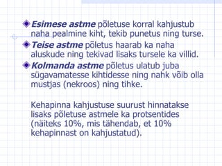 Esimese astme  põletuse korral kahjustub naha pealmine kiht, tekib punetus ning turse.  Teise astme  põletus haarab ka naha aluskude ning tekivad lisaks tursele ka villid.  Kolmanda astme  põletus ulatub juba sügavamatesse kihtidesse ning nahk võib olla mustjas (nekroos) ning tihke. Kehapinna kahjustuse suurust hinnatakse lisaks põletuse astmele ka protsentides (näiteks 10%, mis tähendab, et 10% kehapinnast on kahjustatud). 