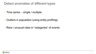 Detect anomalies of different types
• Time series - single / multiple
• Outliers in population (using entity profiling)
• Rare / unusual rates in “categories” of events
9
 