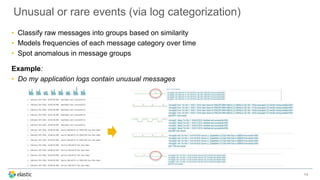 Unusual or rare events (via log categorization)
14
• Classify raw messages into groups based on similarity
• Models frequencies of each message category over time
• Spot anomalous in message groups
Example:
• Do my application logs contain unusual messages
 