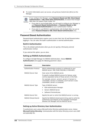 3 Running the Manager Configuration Wizard
102 Administrator’s Guide Confidential
 To restrict information users can access, set up Access Control Lists (ACLs) on the
Manager.
Password Based Authentication
Password-based authentication requires users to enter their User ID and Password when
logging in. You can select the built-in authentication or external authentication.
Built-In Authentication
This is the default authentication when you do not specify a third party external
authentication method.
If you selected this option, you are done.
Setting up RADIUS Authentication
To configure ArcSight Manager for RADIUS Authentication, choose RADIUS
Authentication and supply the following parameter values:
Setting up Active Directory User Authentication
To authenticate users using a Microsoft Active Directory authentication server, choose
Microsoft Active Directory. Communication with the Active Directory server uses LDAP
and optionally SSL.
If you configure the Manager using Password Based and SSL Client Based
Authentication or SSL Client Only Authentication, be aware that ArcSight
Web does not support these modes. So:
• If you plan to use ArcSight Web, you will need to configure your Manager to
use Password Based Authentication or Password Based or SSL
Client Based Authentication as your authentication method.
• If you plan to use PKCS#11 authentication with ArcSight Web, be sure to
select Password Based or SSL Client Based Authentication only.
Parameter Description
Authentication Protocol Which authentication protocol is configured on your
RADIUS server: PAP, CHAP, MSCHAP, or MSCHAP2.
RADIUS Server Host Host name of the RADIUS server.
To specify multiple RADIUS servers for failover, enter
comma-separated names of those servers in this field.
For example, server1, server2, server3. If server1 is
unavailable, server2 is contacted, and if server2 is also
unavailable, server3 is contacted.
RADIUS Server Type Type of RADIUS server:
• RSA Authentication Manager
• Generic RADIUS Server
• Safeword PremierAccess
RADIUS Server Port Specify the port on which the RADIUS server is running.
RADIUS Shared Secret Specify the RADIUS shared secret string used to verify the
authenticity and integrity of the messages exchanged
between the Manager and the RADIUS server.
 