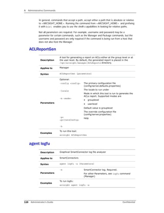 A Administrative Commands
116 Administrator’s Guide Confidential
In general, commands that accept a path, accept either a path that is absolute or relative
to <ARCSIGHT_HOME>. Running the command from <ARCSIGHT_HOME> and prefixing
it with bin enables you to use the shell’s capabilities in looking for relative paths.
Not all parameters are required. For example, username and password may be a
parameter for certain commands, such as the Manager and Package commands, but the
username and password are only required if the command is being run from a host that
does not also host the Manager.
ACLReportGen
agent logfu
Description
A tool for generating a report on ACLs either at the group level or at
the user level. By default, the generated report is placed in the
/opt/arcsight/manager/ACLReports directory.
Applies to Manager
Syntax ACLReportGen [parameters]
Parameters
Optional:
-config <config>
-locale
-m <mode>
-pc
<privateConfig>
-h
The primary configuration file
(config/server.defaults.properties)
The locale to run under
Mode in which this tool is run to generate the
ACLs report. Supported modes are
• grouplevel
• userlevel
Default value is grouplevel
The override configuration file
(config/server.properties)
Help
Examples
To run this tool:
arcsight ACLReportGen
Description Graphical SmartConnector log file analyzer
Applies to SmartConnectors
Syntax agent logfu –a [Parameters]
Parameters
-a SmartConnector log. Required.
For other Parameters, see logfu command
(Manager)
Examples
To run logfu:
arcsight agent logfu –a
 