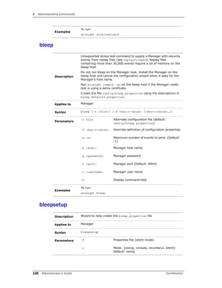 A Administrative Commands
128 Administrator’s Guide Confidential
bleep
bleepsetup
Examples
To run:
arcsight archivewizard
Description
Unsupported stress test command to supply a Manager with security
events from replay files (see replayfilegen). Replay files
containing more than 30,000 events require a lot of memory on the
bleep host.
Do not run bleep on the Manager host. Install the Manager on the
bleep host and cancel the configuration wizard when it asks for the
Manager’s host name.
Run arcsight tempca –ac on the bleep host if the Manager under
test is using a demo certificate.
Create the file config/bleep.properties using the descriptions in
bleep.defaults.properties.
Applies to Manager
Syntax bleep [-c <file>] [-D <key>=<value> [<key>=<value>…]]
Parameters
-c file Alternate configuration file (default:
config/bleep.properties)
-D <key>=<value> Override definition of configuration properties
-m <n> Maximum number of events to send. (Default:
-1)
-n <host> Manager host name
-p <password> Manager password
-t <port> Manager port (Default: 8443)
-u <username> Manager user name
-h Display command help
Examples
To run:
arcsight bleep
Description Wizard to help create the bleep.properties file
Applies to Manager
Syntax bleepsetup
Parameters -f Properties file (silent mode)
-i Mode: {swing, console, recorderui, silent}
Default: swing
 