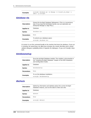 A Administrative Commands
132 Administrator’s Guide Confidential
database xts
It is better to run this command locally on the machine that hosts the database. If you run
it remotely, the wizard does not allow you to browse the remote directlory and it cannot
validate diskspace availability before it expands the tablespace. If you run it locally it does
both.
databasesetup
dbcheck
Examples
arcsight database pm -cn Manage -m linux53_64_45sp3 -u
admin -p arcsight
Description
Extend the ArcSight Database Tablespaces. (This is a convenience
tool; If you have the full Oracle license, you can optionally use
Enterprise Manager or SQL*Plus.)
Applies to Database
Syntax database xts
Parameters None
Examples
To extend your database space:
arcsight database xts
Description
Runs the ArcSight Database installer. This installer is documented in
the “Installing ArcSight Database” chapter of the ESM Installation
and Configuration Guide.
Applies to Database
Syntax databasesetup
Parameters None
Examples
To run the database installation:
arcsight databasesetup
Description
Gathering information and statistics about the current ArcSight
Database instance, such as the data to index size ratio
Applies to Database
Syntax dbcheck
Parameters None
Examples arcsight dbcheck
 