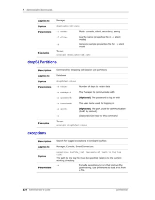 A Administrative Commands
134 Administrator’s Guide Confidential
dropSLPartitions
exceptions
Applies to Manager
Syntax downloadcertificate
Parameters -i <mode> Mode: console, silent, recorderui, swing
-f <file> Log file name (properties file in –i silent
mode)
-g Generate sample properties file for –i silent
mode
Examples
To run:
arcsight downloadcertificate
Description Command for dropping old Session List partitions
Applies to Database
Syntax dropSLPartitions
Parameters -d <days> Number of days to retain data
-m <manager> The Manager to communicate with
-p <password> (Optional) The password to log in with
-u <username> The user name used for logging in
-p <port> (Optional) The port used for communication
(8443 by default)
-h (Optional) Get help for this command
Examples
To run:
arcsight dropSLPartitions
Description Search for logged exceptions in ArcSight log files
Applies to Manager, Console, SmartConnectors
Syntax
exceptions logfile_list [parameters] [path to the log
file]
The path to the log file must be specified relative to the current
working directory.
Parameters
-x Exclude exceptions/errors that contain the
given string. Use @filename to load a list from
a file.
 
