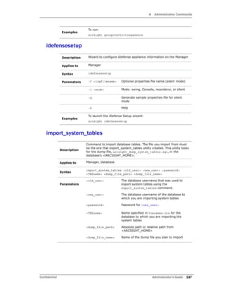A Administrative Commands
Confidential Administrator’s Guide 137
idefensesetup
import_system_tables
Examples
To run:
arcsight groupconflictingassets
Description Wizard to configure iDefense appliance information on the Manager
Applies to Manager
Syntax idefensesetup
Parameters -f <logfilename> Optional properties file name (silent mode)
-i <mode> Mode: swing, Console, recorderui, or silent
-g Generate sample properties file for silent
mode
-h Help
Examples
To launch the iDefense Setup wizard:
arcsight idefensesetup
Description
Command to import database tables. The file you import from must
be the one that export_system_tables utility created. This utility looks
for the dump file, arcsight_dump_system_tables.sql, in the
database’s <ARCSIGHT_HOME>.
Applies to Manager, Database
Syntax
import_system_tables <old_user> <new_user> <password>
<TNSname> <dump_file_path> <dump_file_name>
Parameters
<old_user> The database username that was used to
export system tables using the
export_system_tables command.
<new_user> The database username of the database to
which you are importing system tables
<password> Password for <new_user>
<TNSname> Name specified in tnsnames.ora for the
database to which you are importing the
system tables
<dump_file_path> Absolute path or relative path from
<ARCSIGHT_HOME>
<dump_file_name> Name of the dump file you plan to import
 