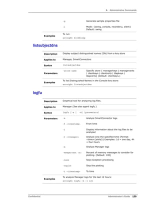 A Administrative Commands
Confidential Administrator’s Guide 139
listsubjectdns
logfu
-g Generate sample properties file
-i Mode: {swing, console, recorderui, silent}
Default: swing
Examples
To run:
arcsight kickbleep
Description Display subject distinguished names (DN) from a key store
Applies to Manager, SmartConnectors
Syntax listsubjectdns
Parameters
-store name Specific store { managerkeys | managercerts
| clientkeys | clientcerts | ldapkeys |
ldapcerts} (Default: clientkeys.)
Examples
To list Distinguished Names in the Console key store:
arcsight listsubjectdns
Description Graphical tool for analyzing log files.
Applies to Manager (See also agent logfu.)
Syntax logfu {-a | -m} [parameters]
Parameters -a Analyze SmartConnector logs
-f <timestamp> From time
-i Display information about the log files to be
analyzed
-l <timespec> Analyze only the specified time (Format:
<time>{smhd}) Examples: 1d = one day, 4h
= four hours
-m Analyze Manager logs
-mempercent <n> Percent of memory messages to consider for
plotting. (Default: 100)
-noex Skip exception processing
-noplot Skip the plotting
-t <timestamp> To time
Examples
To analyze Manager logs for the last 12 hours:
arcsight logfu –m –l 12h
 