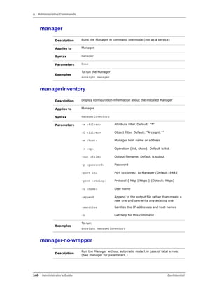 A Administrative Commands
140 Administrator’s Guide Confidential
manager
managerinventory
manager-no-wrapper
Description Runs the Manager in command line mode (not as a service)
Applies to Manager
Syntax manager
Parameters None
Examples
To run the Manager:
arcsight manager
Description Display configuration information about the installed Manager
Applies to Manager
Syntax managerinventory
Parameters -a <filter> Attribute filter. Default: "*"
-f <filter> Object filter. Default: "Arcsight:*"
-m <host> Manager host name or address
-o <op> Operation {list, show}. Default is list
-out <file> Output filename. Default is stdout
-p <password> Password
-port <n> Port to connect to Manager (Default: 8443)
-prot <string> Protocol { http | https } (Default: https)
-u <name> User name
-append Append to the output file rather than create a
new one and overwrite any existing one
-sanitize Sanitize the IP addresses and host names
-h Get help for this command
Examples
To run:
arcsight managerinventory
Description
Run the Manager without automatic restart in case of fatal errors.
(See manager for parameters.)
 
