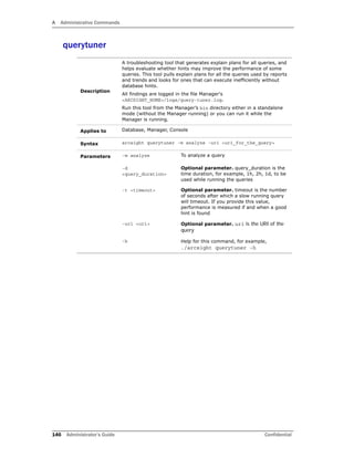 A Administrative Commands
146 Administrator’s Guide Confidential
querytuner
Description
A troubleshooting tool that generates explain plans for all queries, and
helps evaluate whether hints may improve the performance of some
queries. This tool pulls explain plans for all the queries used by reports
and trends and looks for ones that can execute inefficiently without
database hints.
All findings are logged in the file Manager's
<ARCSIGHT_HOME>/logs/query-tuner.log.
Run this tool from the Manager’s bin directory either in a standalone
mode (without the Manager running) or you can run it while the
Manager is running.
Applies to Database, Manager, Console
Syntax arcsight querytuner -m analyze -uri <uri_for_the_query>
Parameters -m analyze To analyze a query
-d
<query_duration>
Optional parameter. query_duration is the
time duration, for example, 1h, 2h, 1d, to be
used while running the queries
-t <timeout> Optional parameter. timeout is the number
of seconds after which a slow running query
will timeout. If you provide this value,
performance is measured if and when a good
hint is found
-uri <uri> Optional parameter. uri is the URI of the
query
-h Help for this command, for example,
./arcsight querytuner -h
 
