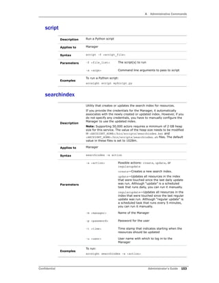 A Administrative Commands
Confidential Administrator’s Guide 153
script
searchindex
Description Run a Python script
Applies to Manager
Syntax script –f <script_file>
Parameters -f <file_list> The script(s) to run
-a <args> Command line arguments to pass to script
Examples
To run a Python script:
arcsight script myScript.py
Description
Utility that creates or updates the search index for resources.
If you provide the credentials for the Manager, it automatically
associates with the newly created or updated index. However, if you
do not specify any credentials, you have to manually configure the
Manager to use the updated index.
Note: Supporting 50,000 actors requires a minimum of 2 GB heap
size for this service. The value of the heap size needs to be modified
in <ARCSIGHT_HOME>/bin/scripts/searchindex.bat and
<ARCSIGHT_HOME>/bin/scripts/searchindex.sh files. The default
value in these files is set to 1028m.
Applies to Manager
Syntax searchindex –a action
Parameters
-a <action> Possible actions: create, update, or
regularupdate
create—Creates a new search index.
update—Updates all resources in the index
that were touched since the last daily update
was run. Although “update” is a scheduled
task that runs daily, you can run it manually.
regularupdate—Updates all resources in the
index that were touched since the last regular
update was run. Although “regular update” is
a scheduled task that runs every 5 minutes,
you can run it manually.
-m <manager> Name of the Manager
-p <password> Password for the user
-t <time> Time stamp that indicates starting when the
resources should be updated
-u <user> User name with which to log in to the
Manager
Examples
To run:
arcsight searchindex –a <action>
 