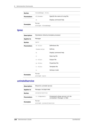 A Administrative Commands
156 Administrator’s Guide Confidential
tproc
uninstallservice
Syntax threaddumps <file>
Parameters <filename> Specify the name of a log file.
-h Display command help
Examples
To run:
arcsight threaddumps
Description Standalone Velocity template processor
Applies to Manager
Syntax tproc
Parameters -d <file> Definitions file
-Dname=value Defines
-h Display command help
-l Keep log file
-o <file> Output file
-p <file> Properties file
-t <file> Template file
-v Verbose mode
Examples
To run:
arcsight tproc
Description Wizard to uninstall service
Applies to Manager, ArcSight Web
Syntax uninstallservice
Parameters
-c <component> Component whose service is to be
uninstalled—Manager or Web
Examples
To run:
arcsight uninstallservice
 