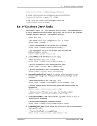 C Monitoring Database Attributes
Confidential Administrator’s Guide 179
whine.check.exclude=PartitionManagerCheckTask
To exclude multiple check tasks, specify a comma-separated list for the
whine.check.exclude property; for example,
whine.check.exclude=PartitionManagerCheckTask,
PartitionCompressorCheckTask
List of Database Check Tasks
The following is a list of check tasks available in this ESM release. Each check task includes
an interval at which that task is performed, any attributes that are checked, and the default
thresholds at which a Warning or Error message is generated.
1 General check tasks
# The default interval to run configured check tasks, in seconds.
whine.check.interval=30
# Specific check intervals for checking free space, in seconds.
whine.check.interval.DBFreeSpaceChecker=30
# The actual update interval of free database space information by
DatabaseInfoBroker, seconds.
databaseinfo.update.interval=30
2 AccountCheckTask - Checks User Account Expiry
# AccountCheckTask is run every 12 hours
whine.check.interval.AccountCheckTask=43200
# AccountCheck Password Expiry warning threshold (days)
dbcheck.oracle.account.warn.threshold=5
# AccountCheck Password Expiry error threshold (days)
dbcheck.oracle.account.error.threshold=2
3 ArchiveDestinationCheckTask - If the redo log archive destination is cross
mounted in the manager box, this task checks for space availability in such a
destination
# ArchiveDestinationCheckTask is run every 1 hour
whine.check.interval.ArchiveDestinationCheckTask=3600
# Whether database archive destination file systems are cross-mounted in the
Manager box
dbcheck.oracle.archivedest.xmount=false
# Minimum number of hours of archive space that should be available
dbcheck.oracle.archivedest.threshold.hours=18
4 ArchiveSessionCheckTask - Checks whether any Oracle sessions are stuck on
"archive required" wait event.
# ArchiveSessionCheckTask is run every 30 seconds
whine.check.interval.ArchiveSessionCheckTask=30
5 ParameterCheckTask - Checks default and non-default Oracle parameters against
values specified below.
# ParameterCheckTask is run every 24 hours
whine.check.interval.ParameterCheckTask=86400
 