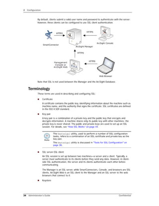 2 Configuration
34 Administrator’s Guide Confidential
By default, clients submit a valid user name and password to authenticate with the server;
however, these clients can be configured to use SSL client authentication.
Note that SSL is not used between the Manager and the ArcSight Database.
Terminology
These terms are used in describing and configuring SSL:
 Certificate
A certificate contains the public key, identifying information about the machine such as
machine name, and the authority that signs the certificate. SSL certificates are defined
in the ISO X.509 standard.
 Key pair
A key pair is a combination of a private key and the public key that encrypts and
decrypts information. A machine shares only its public key with other machines; the
private key is never shared. The public and private keys are used to set up an SSL
session. For details, see “How SSL Works” on page 44.
 SSL server-SSL client
An SSL session is set up between two machines—a server and a client. Typically, a
server must authenticate to its clients before they send any data. However, in client-
side SSL authentication, the server and its clients authenticate each other before
communicating.
The Manager is an SSL server, while SmartConnectors, Console, and browsers are SSL
clients. ArcSight Web is an SSL client to the Manager and an SSL server to the web
browsers that connect to it.
 Keystore
The keytoolgui utility, used to perform a number of SSL configuration
tasks, refers to a combination of an SSL certificate and private key as the
key pair.
The keytoolgui utility is discussed in “Tools for SSL Configuration” on
page 38.
 