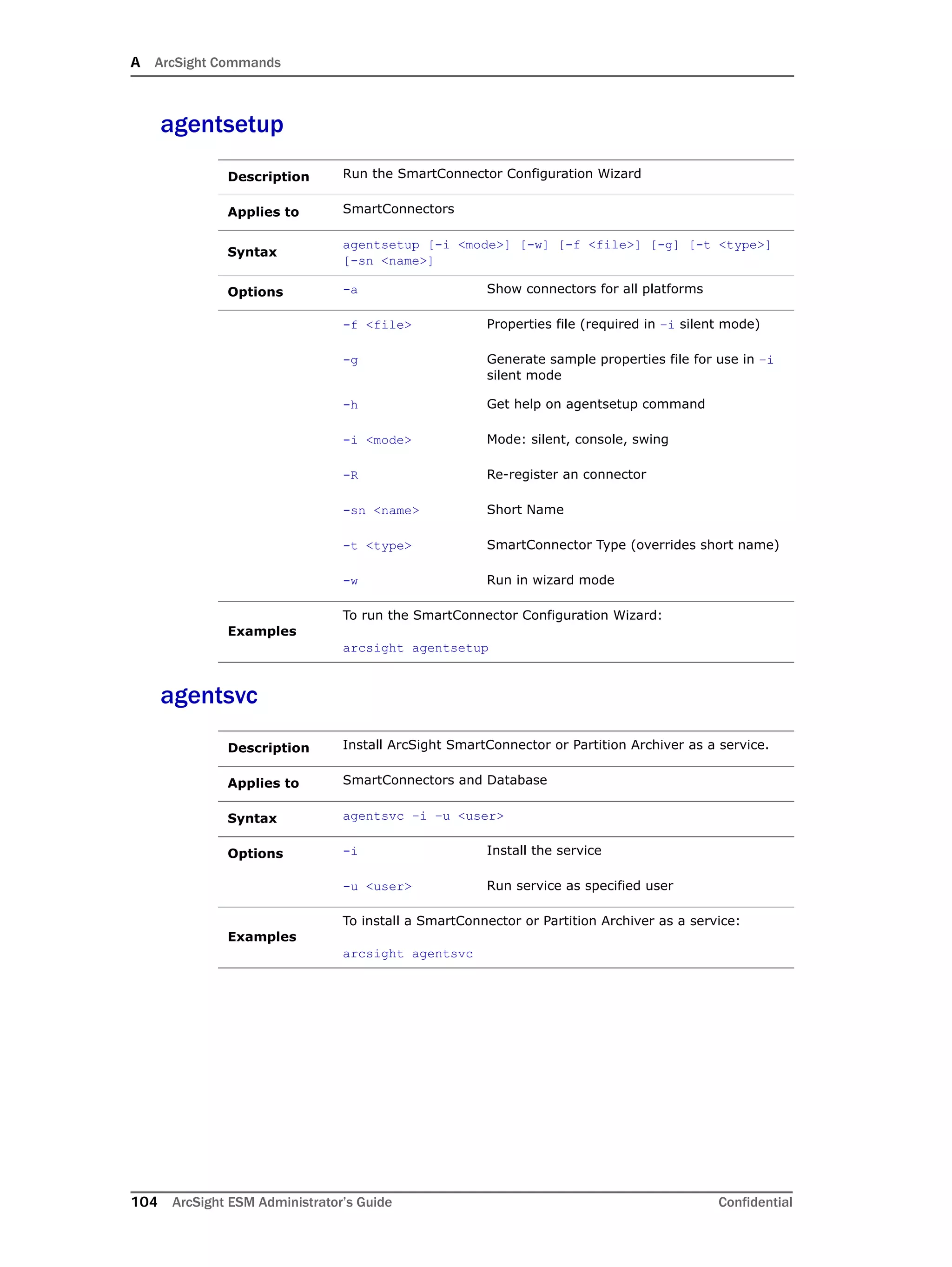 A ArcSight Commands
104 ArcSight ESM Administrator’s Guide Confidential
agentsetup
agentsvc
Description Run the SmartConnector Configuration Wizard
Applies to SmartConnectors
Syntax
agentsetup [-i <mode>] [-w] [-f <file>] [-g] [-t <type>]
[-sn <name>]
Options -a Show connectors for all platforms
-f <file> Properties file (required in –i silent mode)
-g Generate sample properties file for use in –i
silent mode
-h Get help on agentsetup command
-i <mode> Mode: silent, console, swing
-R Re-register an connector
-sn <name> Short Name
-t <type> SmartConnector Type (overrides short name)
-w Run in wizard mode
Examples
To run the SmartConnector Configuration Wizard:
arcsight agentsetup
Description Install ArcSight SmartConnector or Partition Archiver as a service.
Applies to SmartConnectors and Database
Syntax agentsvc –i –u <user>
Options -i Install the service
-u <user> Run service as specified user
Examples
To install a SmartConnector or Partition Archiver as a service:
arcsight agentsvc
 