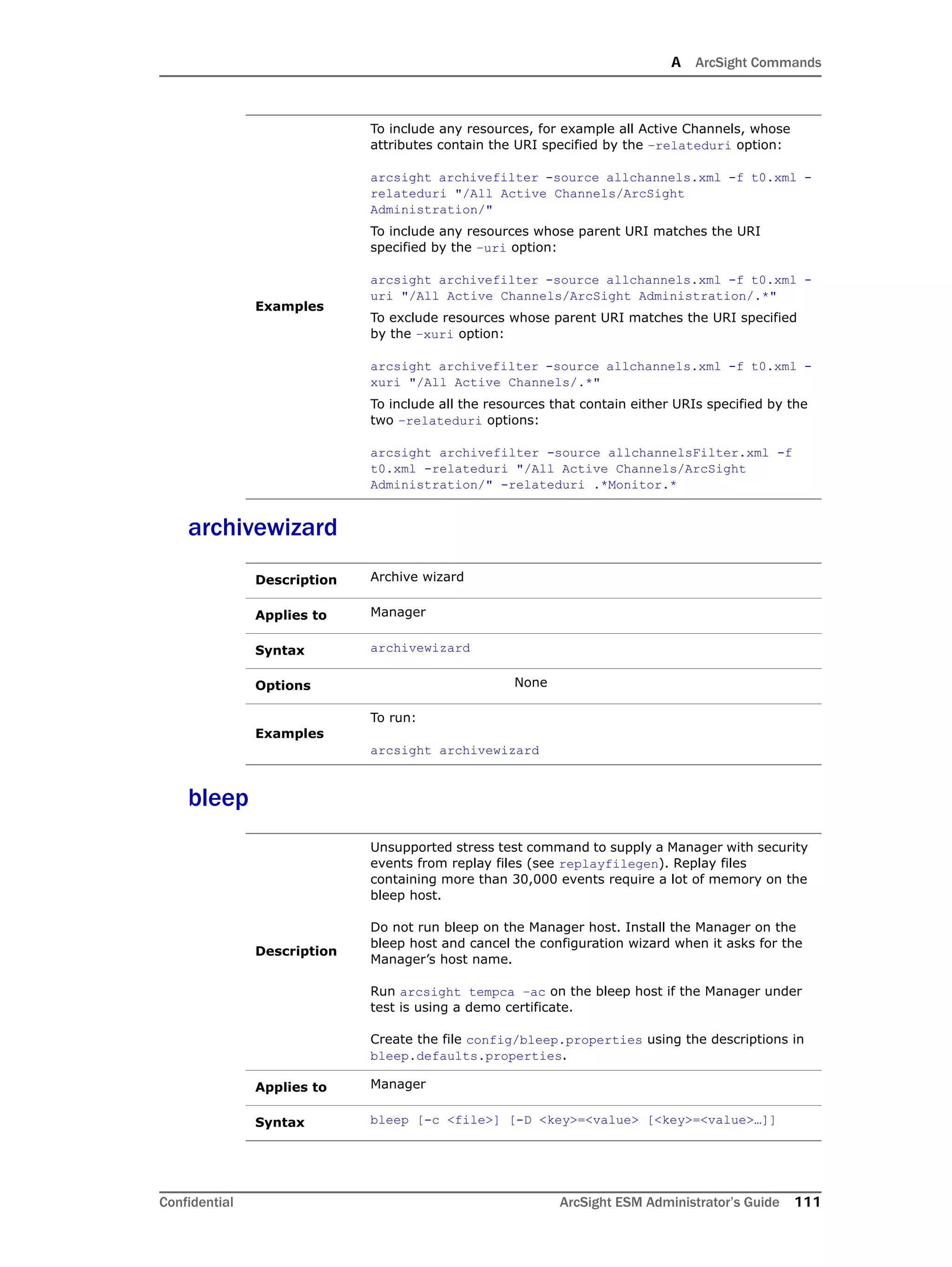 A ArcSight Commands
Confidential ArcSight ESM Administrator’s Guide 111
archivewizard
bleep
Examples
To include any resources, for example all Active Channels, whose
attributes contain the URI specified by the –relateduri option:
arcsight archivefilter -source allchannels.xml -f t0.xml -
relateduri "/All Active Channels/ArcSight
Administration/"
To include any resources whose parent URI matches the URI
specified by the –uri option:
arcsight archivefilter -source allchannels.xml -f t0.xml -
uri "/All Active Channels/ArcSight Administration/.*"
To exclude resources whose parent URI matches the URI specified
by the –xuri option:
arcsight archivefilter -source allchannels.xml -f t0.xml -
xuri "/All Active Channels/.*"
To include all the resources that contain either URIs specified by the
two –relateduri options:
arcsight archivefilter -source allchannelsFilter.xml -f
t0.xml -relateduri "/All Active Channels/ArcSight
Administration/" -relateduri .*Monitor.*
Description Archive wizard
Applies to Manager
Syntax archivewizard
Options None
Examples
To run:
arcsight archivewizard
Description
Unsupported stress test command to supply a Manager with security
events from replay files (see replayfilegen). Replay files
containing more than 30,000 events require a lot of memory on the
bleep host.
Do not run bleep on the Manager host. Install the Manager on the
bleep host and cancel the configuration wizard when it asks for the
Manager’s host name.
Run arcsight tempca –ac on the bleep host if the Manager under
test is using a demo certificate.
Create the file config/bleep.properties using the descriptions in
bleep.defaults.properties.
Applies to Manager
Syntax bleep [-c <file>] [-D <key>=<value> [<key>=<value>…]]
 