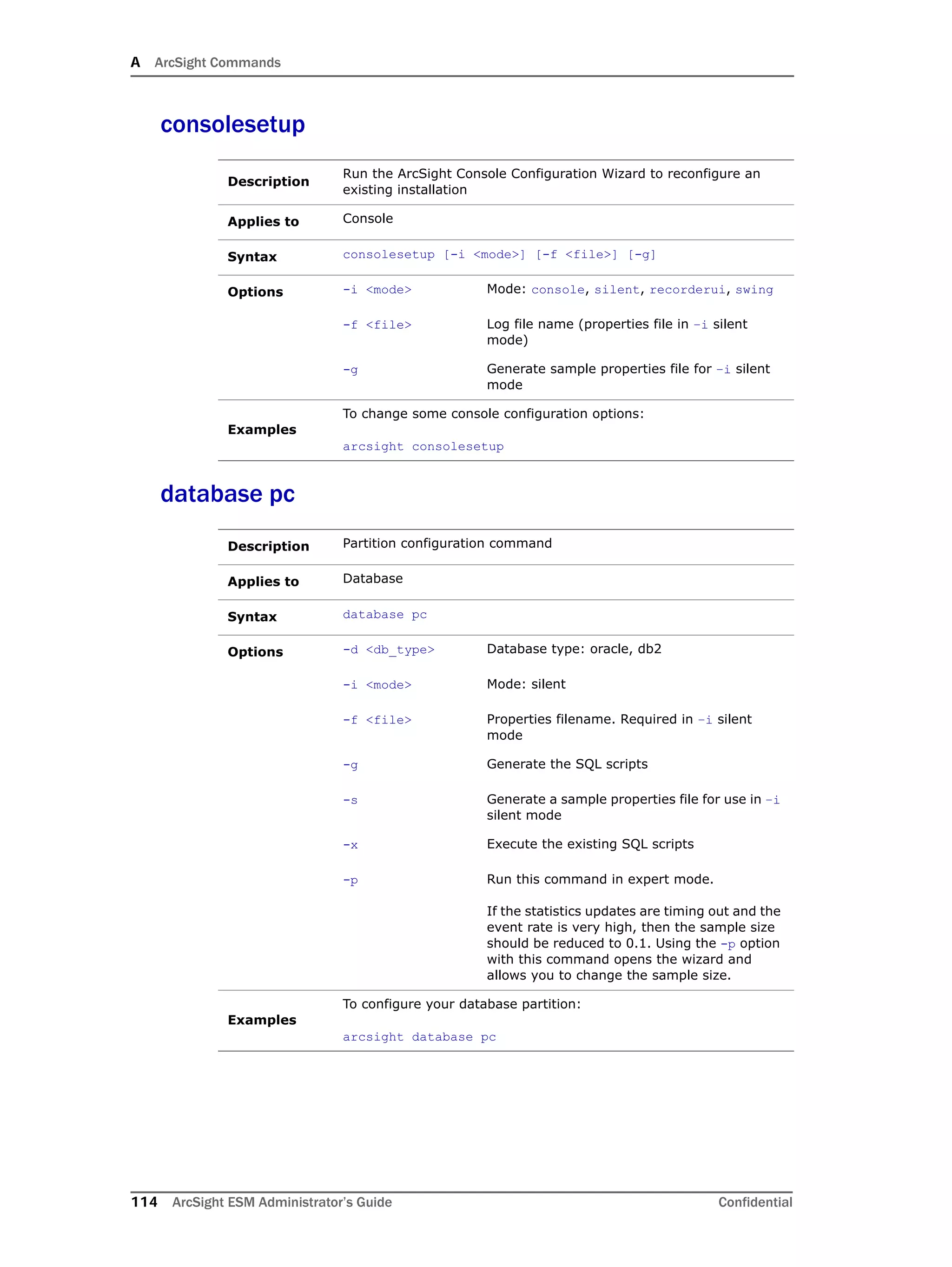 A ArcSight Commands
114 ArcSight ESM Administrator’s Guide Confidential
consolesetup
database pc
Description
Run the ArcSight Console Configuration Wizard to reconfigure an
existing installation
Applies to Console
Syntax consolesetup [-i <mode>] [-f <file>] [-g]
Options -i <mode> Mode: console, silent, recorderui, swing
-f <file> Log file name (properties file in –i silent
mode)
-g Generate sample properties file for –i silent
mode
Examples
To change some console configuration options:
arcsight consolesetup
Description Partition configuration command
Applies to Database
Syntax database pc
Options -d <db_type> Database type: oracle, db2
-i <mode> Mode: silent
-f <file> Properties filename. Required in –i silent
mode
-g Generate the SQL scripts
-s Generate a sample properties file for use in –i
silent mode
-x Execute the existing SQL scripts
-p Run this command in expert mode.
If the statistics updates are timing out and the
event rate is very high, then the sample size
should be reduced to 0.1. Using the -p option
with this command opens the wizard and
allows you to change the sample size.
Examples
To configure your database partition:
arcsight database pc
 