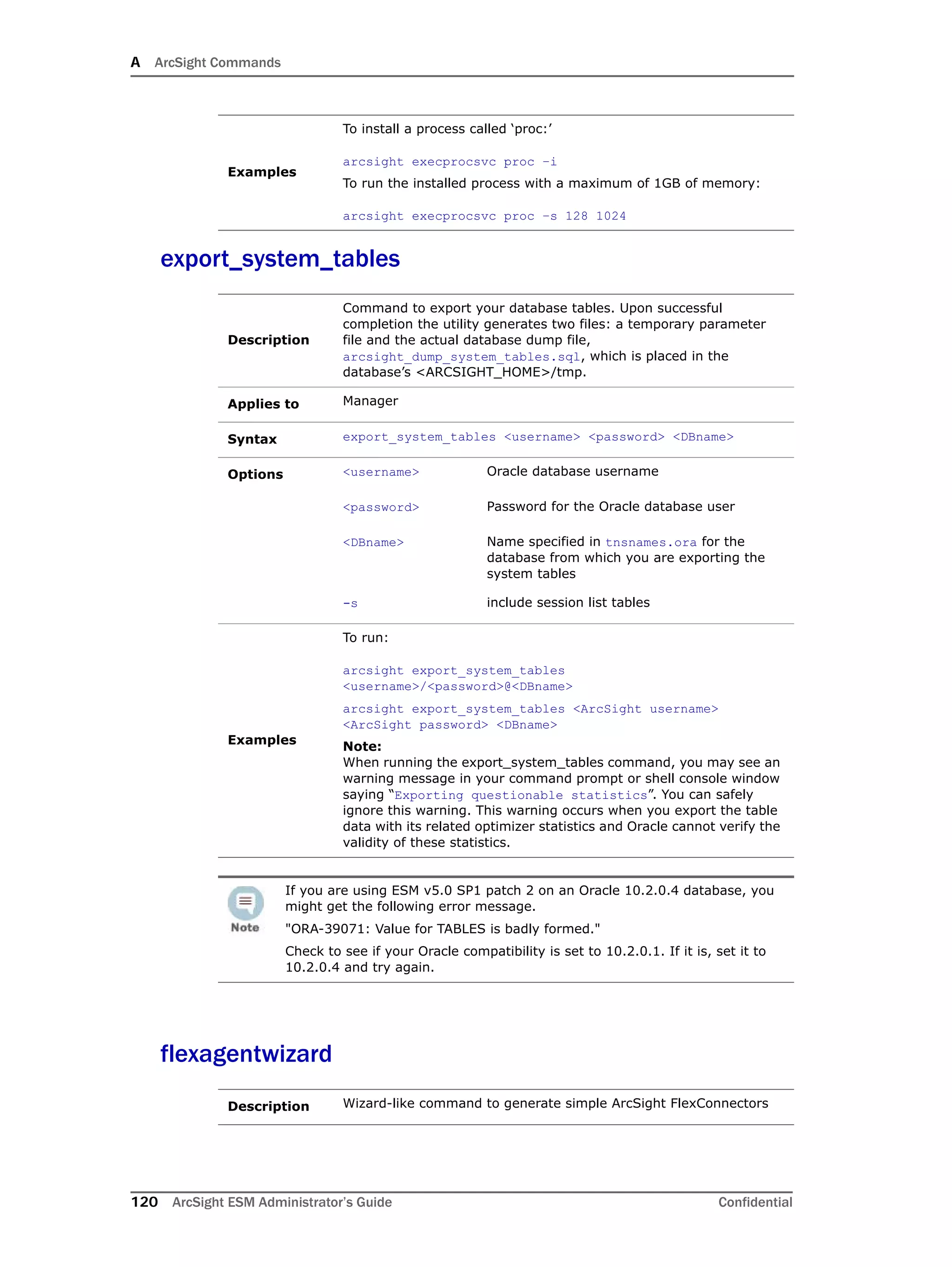 A ArcSight Commands
120 ArcSight ESM Administrator’s Guide Confidential
export_system_tables
flexagentwizard
Examples
To install a process called ‘proc:’
arcsight execprocsvc proc –i
To run the installed process with a maximum of 1GB of memory:
arcsight execprocsvc proc –s 128 1024
Description
Command to export your database tables. Upon successful
completion the utility generates two files: a temporary parameter
file and the actual database dump file,
arcsight_dump_system_tables.sql, which is placed in the
database’s <ARCSIGHT_HOME>/tmp.
Applies to Manager
Syntax export_system_tables <username> <password> <DBname>
Options <username> Oracle database username
<password> Password for the Oracle database user
<DBname> Name specified in tnsnames.ora for the
database from which you are exporting the
system tables
-s include session list tables
Examples
To run:
arcsight export_system_tables
<username>/<password>@<DBname>
arcsight export_system_tables <ArcSight username>
<ArcSight password> <DBname>
Note: 
When running the export_system_tables command, you may see an
warning message in your command prompt or shell console window
saying “Exporting questionable statistics”. You can safely
ignore this warning. This warning occurs when you export the table
data with its related optimizer statistics and Oracle cannot verify the
validity of these statistics.
If you are using ESM v5.0 SP1 patch 2 on an Oracle 10.2.0.4 database, you
might get the following error message.
"ORA-39071: Value for TABLES is badly formed."
Check to see if your Oracle compatibility is set to 10.2.0.1. If it is, set it to
10.2.0.4 and try again.
Description Wizard-like command to generate simple ArcSight FlexConnectors
 