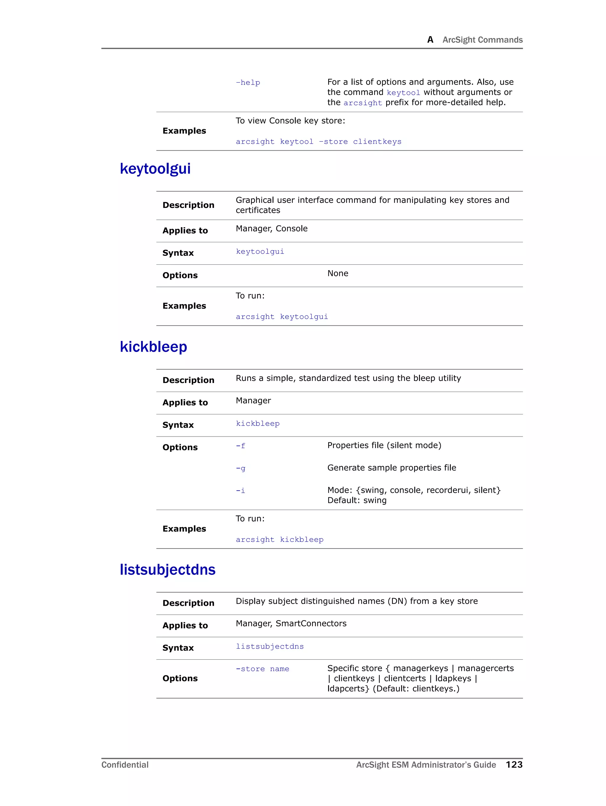 A ArcSight Commands
Confidential ArcSight ESM Administrator’s Guide 123
keytoolgui
kickbleep
listsubjectdns
–help For a list of options and arguments. Also, use
the command keytool without arguments or
the arcsight prefix for more-detailed help.
Examples
To view Console key store:
arcsight keytool –store clientkeys
Description
Graphical user interface command for manipulating key stores and
certificates
Applies to Manager, Console
Syntax keytoolgui
Options None
Examples
To run:
arcsight keytoolgui
Description Runs a simple, standardized test using the bleep utility
Applies to Manager
Syntax kickbleep
Options -f Properties file (silent mode)
-g Generate sample properties file
-i Mode: {swing, console, recorderui, silent}
Default: swing
Examples
To run:
arcsight kickbleep
Description Display subject distinguished names (DN) from a key store
Applies to Manager, SmartConnectors
Syntax listsubjectdns
Options
-store name Specific store { managerkeys | managercerts
| clientkeys | clientcerts | ldapkeys |
ldapcerts} (Default: clientkeys.)
 