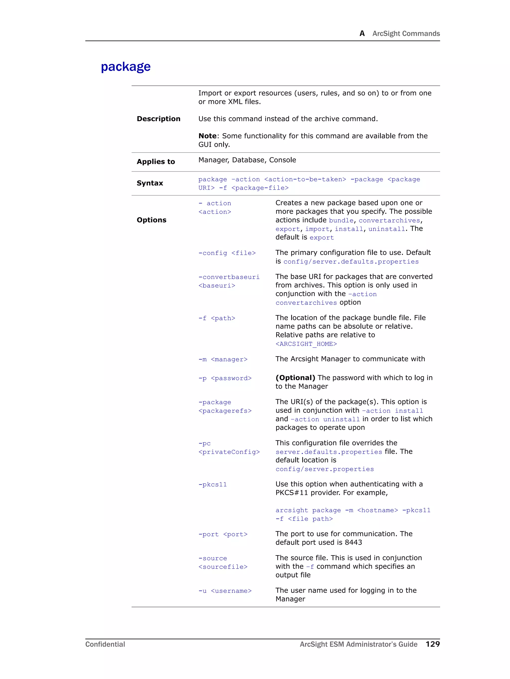 A ArcSight Commands
Confidential ArcSight ESM Administrator’s Guide 129
package
Description
Import or export resources (users, rules, and so on) to or from one
or more XML files.
Use this command instead of the archive command.
Note: Some functionality for this command are available from the
GUI only.
Applies to Manager, Database, Console
Syntax
package –action <action-to-be-taken> -package <package
URI> -f <package-file>
Options
- action
<action>
Creates a new package based upon one or
more packages that you specify. The possible
actions include bundle, convertarchives,
export, import, install, uninstall. The
default is export
-config <file> The primary configuration file to use. Default
is config/server.defaults.properties
-convertbaseuri
<baseuri>
The base URI for packages that are converted
from archives. This option is only used in
conjunction with the –action
convertarchives option
-f <path> The location of the package bundle file. File
name paths can be absolute or relative.
Relative paths are relative to
<ARCSIGHT_HOME>
-m <manager> The Arcsight Manager to communicate with
-p <password> (Optional) The password with which to log in
to the Manager
-package
<packagerefs>
The URI(s) of the package(s). This option is
used in conjunction with –action install
and –action uninstall in order to list which
packages to operate upon
-pc
<privateConfig>
This configuration file overrides the
server.defaults.properties file. The
default location is
config/server.properties
-pkcs11 Use this option when authenticating with a
PKCS#11 provider. For example,
arcsight package -m <hostname> -pkcs11
-f <file path>
-port <port> The port to use for communication. The
default port used is 8443
-source
<sourcefile>
The source file. This is used in conjunction
with the –f command which specifies an
output file
-u <username> The user name used for logging in to the
Manager
 