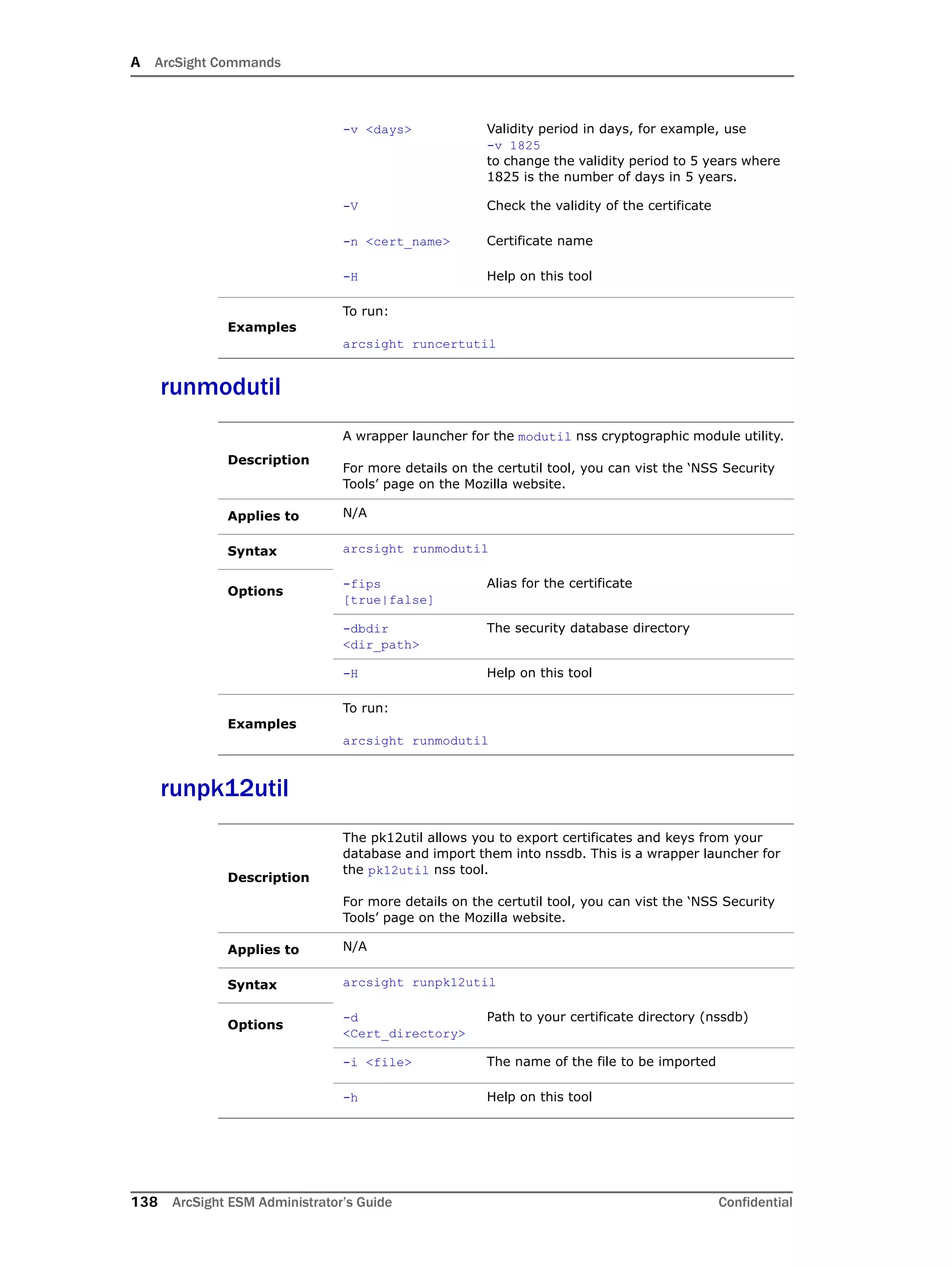 A ArcSight Commands
138 ArcSight ESM Administrator’s Guide Confidential
runmodutil
runpk12util
-v <days> Validity period in days, for example, use 
-v 1825
to change the validity period to 5 years where
1825 is the number of days in 5 years.
-V Check the validity of the certificate
-n <cert_name> Certificate name
-H Help on this tool
Examples
To run:
arcsight runcertutil
Description
A wrapper launcher for the modutil nss cryptographic module utility.
For more details on the certutil tool, you can vist the ‘NSS Security
Tools’ page on the Mozilla website.
Applies to N/A
Syntax arcsight runmodutil
Options
-fips
[true|false]
Alias for the certificate
-dbdir
<dir_path>
The security database directory
-H Help on this tool
Examples
To run:
arcsight runmodutil
Description
The pk12util allows you to export certificates and keys from your
database and import them into nssdb. This is a wrapper launcher for
the pk12util nss tool.
For more details on the certutil tool, you can vist the ‘NSS Security
Tools’ page on the Mozilla website.
Applies to N/A
Syntax arcsight runpk12util
Options
-d
<Cert_directory>
Path to your certificate directory (nssdb)
-i <file> The name of the file to be imported
-h Help on this tool
 
