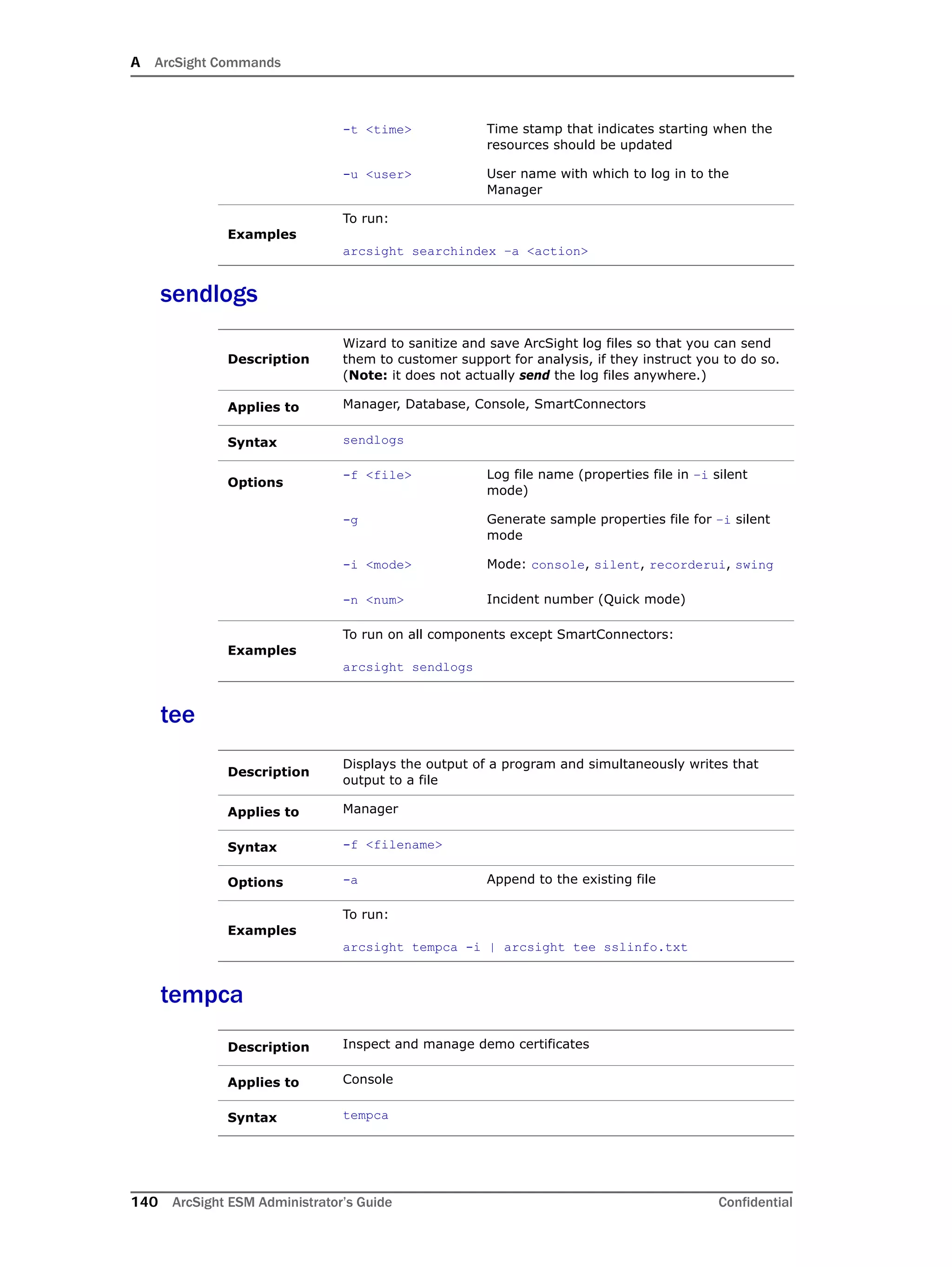 A ArcSight Commands
140 ArcSight ESM Administrator’s Guide Confidential
sendlogs
tee
tempca
-t <time> Time stamp that indicates starting when the
resources should be updated
-u <user> User name with which to log in to the
Manager
Examples
To run:
arcsight searchindex –a <action>
Description
Wizard to sanitize and save ArcSight log files so that you can send
them to customer support for analysis, if they instruct you to do so.
(Note: it does not actually send the log files anywhere.)
Applies to Manager, Database, Console, SmartConnectors
Syntax sendlogs
Options
-f <file> Log file name (properties file in –i silent
mode)
-g Generate sample properties file for –i silent
mode
-i <mode> Mode: console, silent, recorderui, swing
-n <num> Incident number (Quick mode)
Examples
To run on all components except SmartConnectors:
arcsight sendlogs
Description
Displays the output of a program and simultaneously writes that
output to a file
Applies to Manager
Syntax -f <filename>
Options -a Append to the existing file
Examples
To run:
arcsight tempca -i | arcsight tee sslinfo.txt
Description Inspect and manage demo certificates
Applies to Console
Syntax tempca
 