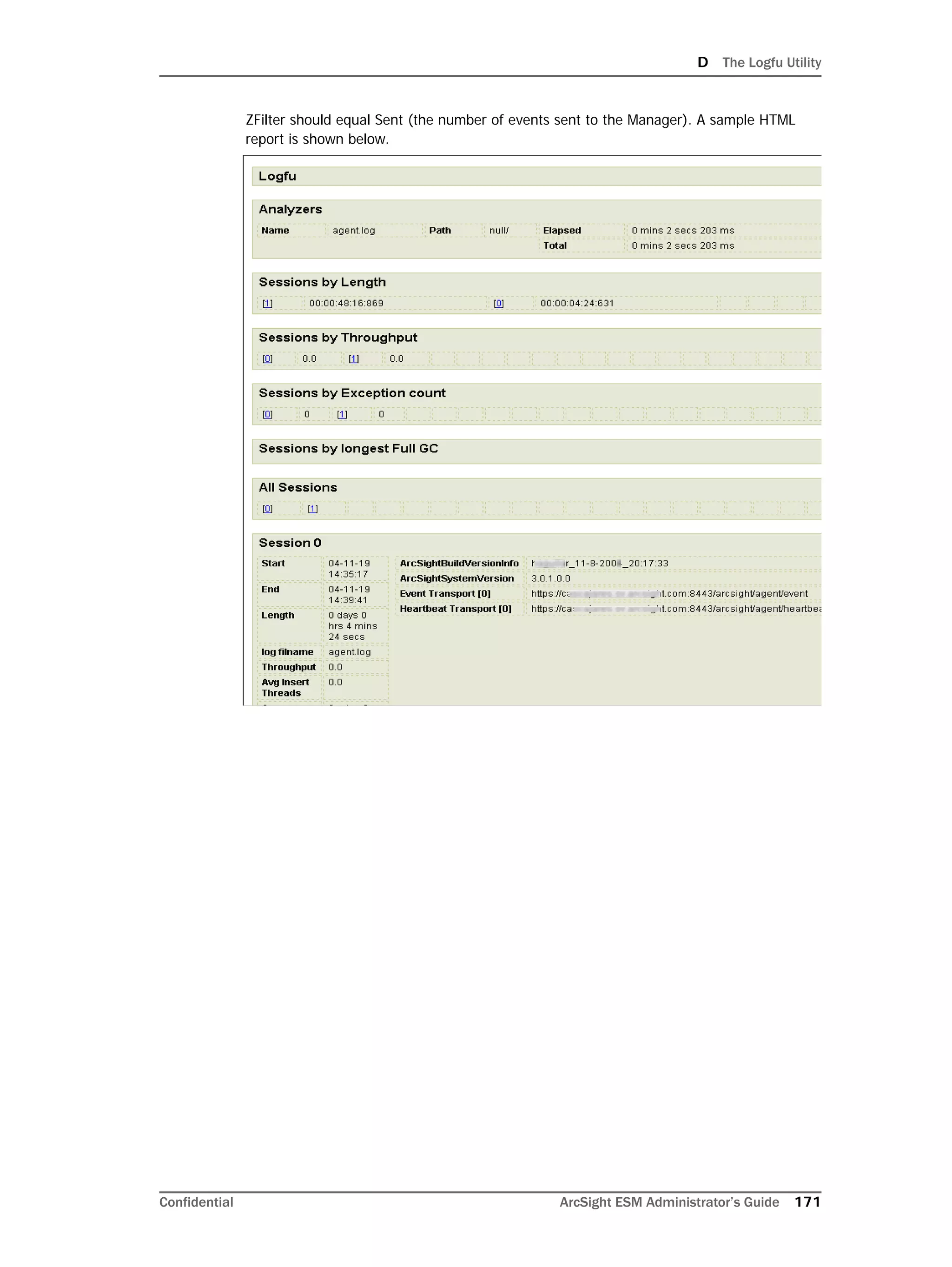 D The Logfu Utility
Confidential ArcSight ESM Administrator’s Guide 171
ZFilter should equal Sent (the number of events sent to the Manager). A sample HTML
report is shown below.
 