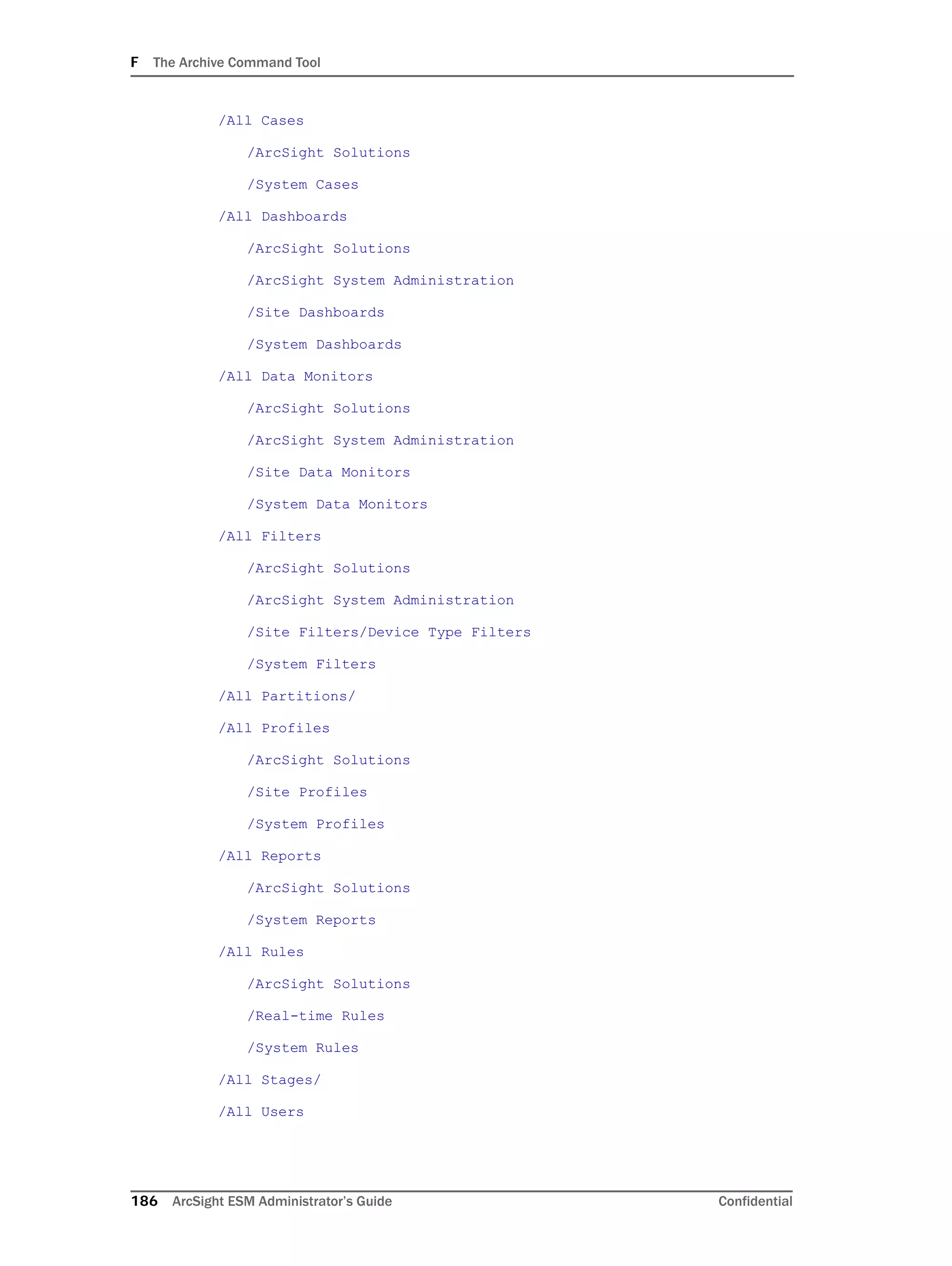 F The Archive Command Tool
186 ArcSight ESM Administrator’s Guide Confidential
/All Cases
/ArcSight Solutions
/System Cases
/All Dashboards
/ArcSight Solutions
/ArcSight System Administration
/Site Dashboards
/System Dashboards
/All Data Monitors
/ArcSight Solutions
/ArcSight System Administration
/Site Data Monitors
/System Data Monitors
/All Filters
/ArcSight Solutions
/ArcSight System Administration
/Site Filters/Device Type Filters
/System Filters
/All Partitions/
/All Profiles
/ArcSight Solutions
/Site Profiles
/System Profiles
/All Reports
/ArcSight Solutions
/System Reports
/All Rules
/ArcSight Solutions
/Real-time Rules
/System Rules
/All Stages/
/All Users
 