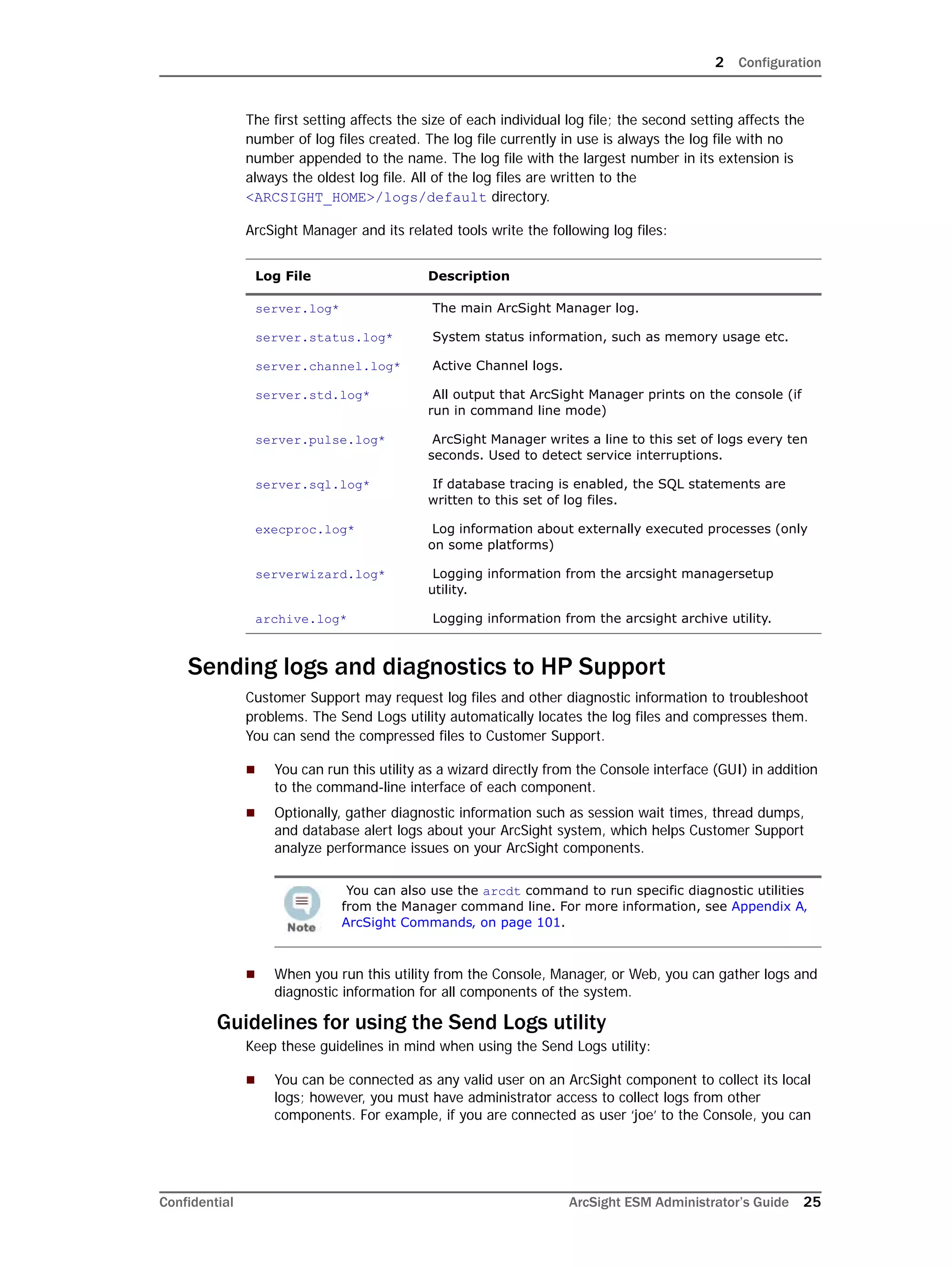 2 Configuration
Confidential ArcSight ESM Administrator’s Guide 25
The first setting affects the size of each individual log file; the second setting affects the
number of log files created. The log file currently in use is always the log file with no
number appended to the name. The log file with the largest number in its extension is
always the oldest log file. All of the log files are written to the
<ARCSIGHT_HOME>/logs/default directory.
ArcSight Manager and its related tools write the following log files:
Sending logs and diagnostics to HP Support
Customer Support may request log files and other diagnostic information to troubleshoot
problems. The Send Logs utility automatically locates the log files and compresses them.
You can send the compressed files to Customer Support.
 You can run this utility as a wizard directly from the Console interface (GUI) in addition
to the command-line interface of each component.
 Optionally, gather diagnostic information such as session wait times, thread dumps,
and database alert logs about your ArcSight system, which helps Customer Support
analyze performance issues on your ArcSight components.
 When you run this utility from the Console, Manager, or Web, you can gather logs and
diagnostic information for all components of the system.
Guidelines for using the Send Logs utility
Keep these guidelines in mind when using the Send Logs utility:
 You can be connected as any valid user on an ArcSight component to collect its local
logs; however, you must have administrator access to collect logs from other
components. For example, if you are connected as user ‘joe’ to the Console, you can
Log File Description
server.log* The main ArcSight Manager log.
server.status.log* System status information, such as memory usage etc.
server.channel.log* Active Channel logs.
server.std.log* All output that ArcSight Manager prints on the console (if
run in command line mode)
server.pulse.log* ArcSight Manager writes a line to this set of logs every ten
seconds. Used to detect service interruptions.
server.sql.log* If database tracing is enabled, the SQL statements are
written to this set of log files.
execproc.log* Log information about externally executed processes (only
on some platforms)
serverwizard.log* Logging information from the arcsight managersetup
utility.
archive.log* Logging information from the arcsight archive utility.
You can also use the arcdt command to run specific diagnostic utilities
from the Manager command line. For more information, see Appendix A‚
ArcSight Commands‚ on page 101.
 