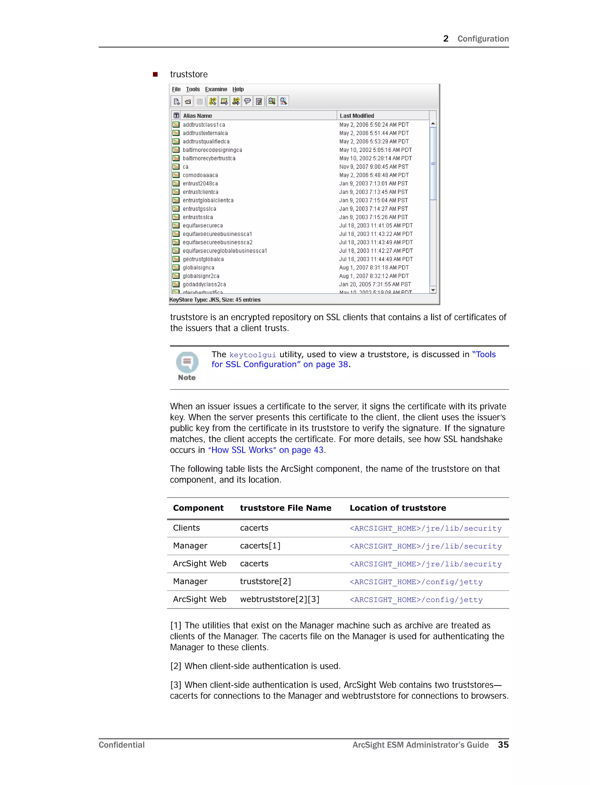2 Configuration
Confidential ArcSight ESM Administrator’s Guide 35
 truststore
truststore is an encrypted repository on SSL clients that contains a list of certificates of
the issuers that a client trusts.
When an issuer issues a certificate to the server, it signs the certificate with its private
key. When the server presents this certificate to the client, the client uses the issuer’s
public key from the certificate in its truststore to verify the signature. If the signature
matches, the client accepts the certificate. For more details, see how SSL handshake
occurs in “How SSL Works” on page 43.
The following table lists the ArcSight component, the name of the truststore on that
component, and its location.
[1] The utilities that exist on the Manager machine such as archive are treated as
clients of the Manager. The cacerts file on the Manager is used for authenticating the
Manager to these clients.
[2] When client-side authentication is used.
[3] When client-side authentication is used, ArcSight Web contains two truststores—
cacerts for connections to the Manager and webtruststore for connections to browsers.
The keytoolgui utility, used to view a truststore, is discussed in “Tools
for SSL Configuration” on page 38.
Component truststore File Name Location of truststore
Clients cacerts <ARCSIGHT_HOME>/jre/lib/security
Manager cacerts[1] <ARCSIGHT_HOME>/jre/lib/security
ArcSight Web cacerts <ARCSIGHT_HOME>/jre/lib/security
Manager truststore[2] <ARCSIGHT_HOME>/config/jetty
ArcSight Web webtruststore[2][3] <ARCSIGHT_HOME>/config/jetty
 