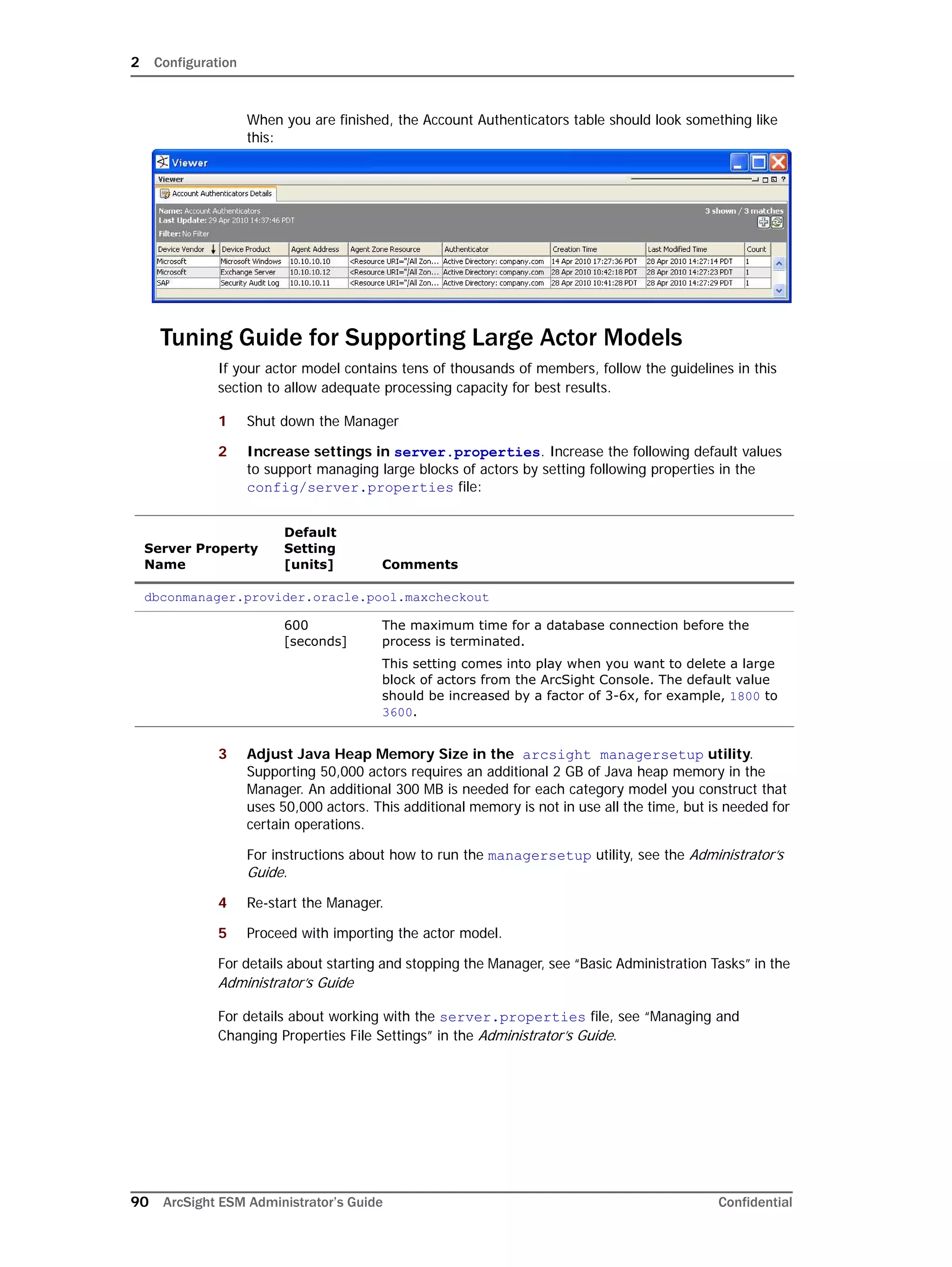 2 Configuration
90 ArcSight ESM Administrator’s Guide Confidential
When you are finished, the Account Authenticators table should look something like
this:
Tuning Guide for Supporting Large Actor Models
If your actor model contains tens of thousands of members, follow the guidelines in this
section to allow adequate processing capacity for best results.
1 Shut down the Manager
2 Increase settings in server.properties. Increase the following default values
to support managing large blocks of actors by setting following properties in the
config/server.properties file:
3 Adjust Java Heap Memory Size in the arcsight managersetup utility.
Supporting 50,000 actors requires an additional 2 GB of Java heap memory in the
Manager. An additional 300 MB is needed for each category model you construct that
uses 50,000 actors. This additional memory is not in use all the time, but is needed for
certain operations.
For instructions about how to run the managersetup utility, see the Administrator’s
Guide.
4 Re-start the Manager.
5 Proceed with importing the actor model.
For details about starting and stopping the Manager, see “Basic Administration Tasks” in the
Administrator’s Guide
For details about working with the server.properties file, see “Managing and
Changing Properties File Settings” in the Administrator’s Guide.
Server Property
Name
Default
Setting
[units] Comments
dbconmanager.provider.oracle.pool.maxcheckout
600
[seconds]
The maximum time for a database connection before the
process is terminated.
This setting comes into play when you want to delete a large
block of actors from the ArcSight Console. The default value
should be increased by a factor of 3-6x, for example, 1800 to
3600.
 