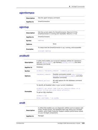 A ArcSight Commands
Confidential ArcSight ESM Administrator’s Guide 105
agenttempca
agentup
arcdbutil
arcdt
Description See the agent tempca command
Applies to SmartConnectors
Description
Get the current state of a SmartConnector. Returns 0 if the
SmartConnector is running and reachable. Returns 1 if not
Applies to SmartConnectors
Syntax agentup
Options None
Examples
To check that the SmartConnector is up, running, and accessible:
arcsight agentup
Description
A utility that enables you to launch database utilities for operations
such as import, export, sql interface, backup, restore, and other
database commands
Applies to Database
Syntax arcdbutil <database_command> [command_options]
Options
<database_command> Possible commands include: sql, listener,
backup, recover, import, export, and other
database commands
[command_options] All valid options for the database command
you use
Examples
To identify all disabled rules in your current installation:
arcdbutil sql select name from arc_resource where id in
(select id from arc_rules where active=0);
To get an SQL interface:
arcdbutil sql
Enter user-name: / as sysdba
Description
A utility that enables you run diagnostic utilities such as session wait
times, thread dumps, and database alert logs about your ArcSight
system, which helps Customer Support analyze performance issues
on your ArcSight components
Applies to Manager
 