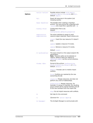 A ArcSight Commands
Confidential ArcSight ESM Administrator’s Guide 107
Options
-action <action> Possible actions include: diff, export,
i18nsync, import, list, merge, and sort.
Default: export.
-all Export all resources in the system (not
including events)
-base <basefile> The basefile when creating a migration
archive. The new archive file is specified with
–source (the result file is specified with –f)
-config <file> Configuration file to use. 
Default:
config/server.defaults.properties
-exportaction
<exportaction>
The action attribute to assign to each
resource object exported. Export actions are:
insert: Insert the new resource if it doesn’t
exist.
update: Update a resource if it exists.
remove: Remove a resource if it exists.
Default: insert
-f <archivefile> The input (import) or the output (export) file
specification. 
Note: Filename paths can be absolute or
relative. Relative paths are relative to
<ARCSIGHT_HOME>, not the current directory.
Required
-format <fmt> Format of the archive: preferarchive,
force, interactive, overwrite or skip.
Default: default.
default: Prompts user to resolve import
conflicts.
force: Conflicts are resolved by the new
overwriting the old.
overwrite: Merges resources, but does not
perform any union of relationships.
preferarchive: Merges resources. For
example, if a group is imported, the resulting
group contains all its original members and all
of the new members from the import file.
skip: Do not import resources with conflicts.
-h Get help for this command
-i (Synonym for –action import.)
-m <manager> The ArcSight Manager to communicate with
 