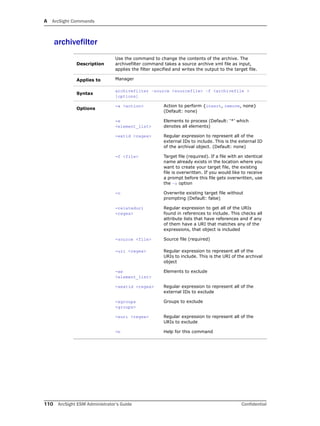 A ArcSight Commands
110 ArcSight ESM Administrator’s Guide Confidential
archivefilter
Description
Use the command to change the contents of the archive. The
archivefilter command takes a source archive xml file as input,
applies the filter specified and writes the output to the target file.
Applies to Manager
Syntax
archivefilter –source <sourcefile> –f <archivefile >
[options]
Options
-a <action> Action to perform {insert, remove, none}
(Default: none)
-e
<element_list>
Elements to process (Default: ‘*’ which
denotes all elements)
-extid <regex> Regular expression to represent all of the
external IDs to include. This is the external ID
of the archival object. (Default: none)
-f <file> Target file (required). If a file with an identical
name already exists in the location where you
want to create your target file, the existing
file is overwritten. If you would like to receive
a prompt before this file gets overwritten, use
the –o option
-o Overwrite existing target file without
prompting (Default: false)
-relateduri
<regex>
Regular expression to get all of the URIs
found in references to include. This checks all
attribute lists that have references and if any
of them have a URI that matches any of the
expressions, that object is included
-source <file> Source file (required)
-uri <regex> Regular expression to represent all of the
URIs to include. This is the URI of the archival
object
-xe
<element_list>
Elements to exclude
-xextid <regex> Regular expression to represent all of the
external IDs to exclude
-xgroups
<groups>
Groups to exclude
-xuri <regex> Regular expression to represent all of the
URIs to exclude
-h Help for this command
 