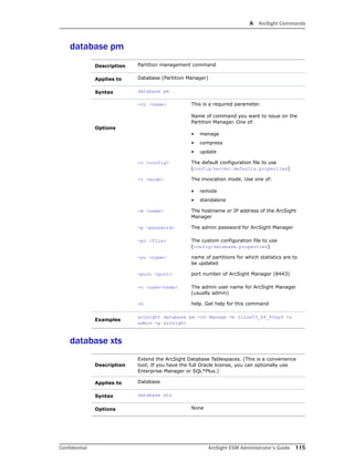 A ArcSight Commands
Confidential ArcSight ESM Administrator’s Guide 115
database pm
database xts
Description Partition management command
Applies to Database (Partition Manager)
Syntax database pm
Options
-cn <name> This is a required parameter.
Name of command you want to issue on the
Partition Manager. One of:
• manage
• compress
• update
-c <config> The default configuration file to use
(config/server.defaults.properties)
-i <mode> The invocation mode. Use one of:
• remote
• standalone
-m <name> The hostname or IP address of the ArcSight
Manager
-p <password> The admin password for ArcSight Manager
-pc <file> The custom configuration file to use
(config/database.properties)
-pn <name> name of partitions for which statistics are to
be updated
-port <port> port number of ArcSight Manager (8443)
-u <user-name> The admin user name for ArcSight Manager
(usually admin)
-h help. Get help for this command
Examples
arcsight database pm -cn Manage -m linux53_64_45sp3 -u
admin -p arcsight
Description
Extend the ArcSight Database Tablespaces. (This is a convenience
tool; If you have the full Oracle license, you can optionally use
Enterprise Manager or SQL*Plus.)
Applies to Database
Syntax database xts
Options None
 