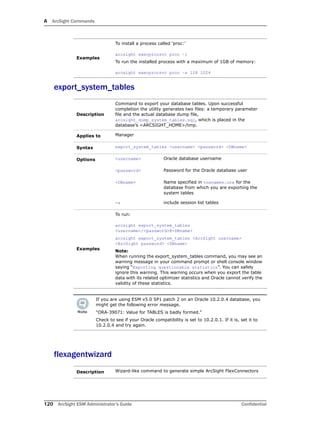 A ArcSight Commands
120 ArcSight ESM Administrator’s Guide Confidential
export_system_tables
flexagentwizard
Examples
To install a process called ‘proc:’
arcsight execprocsvc proc –i
To run the installed process with a maximum of 1GB of memory:
arcsight execprocsvc proc –s 128 1024
Description
Command to export your database tables. Upon successful
completion the utility generates two files: a temporary parameter
file and the actual database dump file,
arcsight_dump_system_tables.sql, which is placed in the
database’s <ARCSIGHT_HOME>/tmp.
Applies to Manager
Syntax export_system_tables <username> <password> <DBname>
Options <username> Oracle database username
<password> Password for the Oracle database user
<DBname> Name specified in tnsnames.ora for the
database from which you are exporting the
system tables
-s include session list tables
Examples
To run:
arcsight export_system_tables
<username>/<password>@<DBname>
arcsight export_system_tables <ArcSight username>
<ArcSight password> <DBname>
Note: 
When running the export_system_tables command, you may see an
warning message in your command prompt or shell console window
saying “Exporting questionable statistics”. You can safely
ignore this warning. This warning occurs when you export the table
data with its related optimizer statistics and Oracle cannot verify the
validity of these statistics.
If you are using ESM v5.0 SP1 patch 2 on an Oracle 10.2.0.4 database, you
might get the following error message.
"ORA-39071: Value for TABLES is badly formed."
Check to see if your Oracle compatibility is set to 10.2.0.1. If it is, set it to
10.2.0.4 and try again.
Description Wizard-like command to generate simple ArcSight FlexConnectors
 